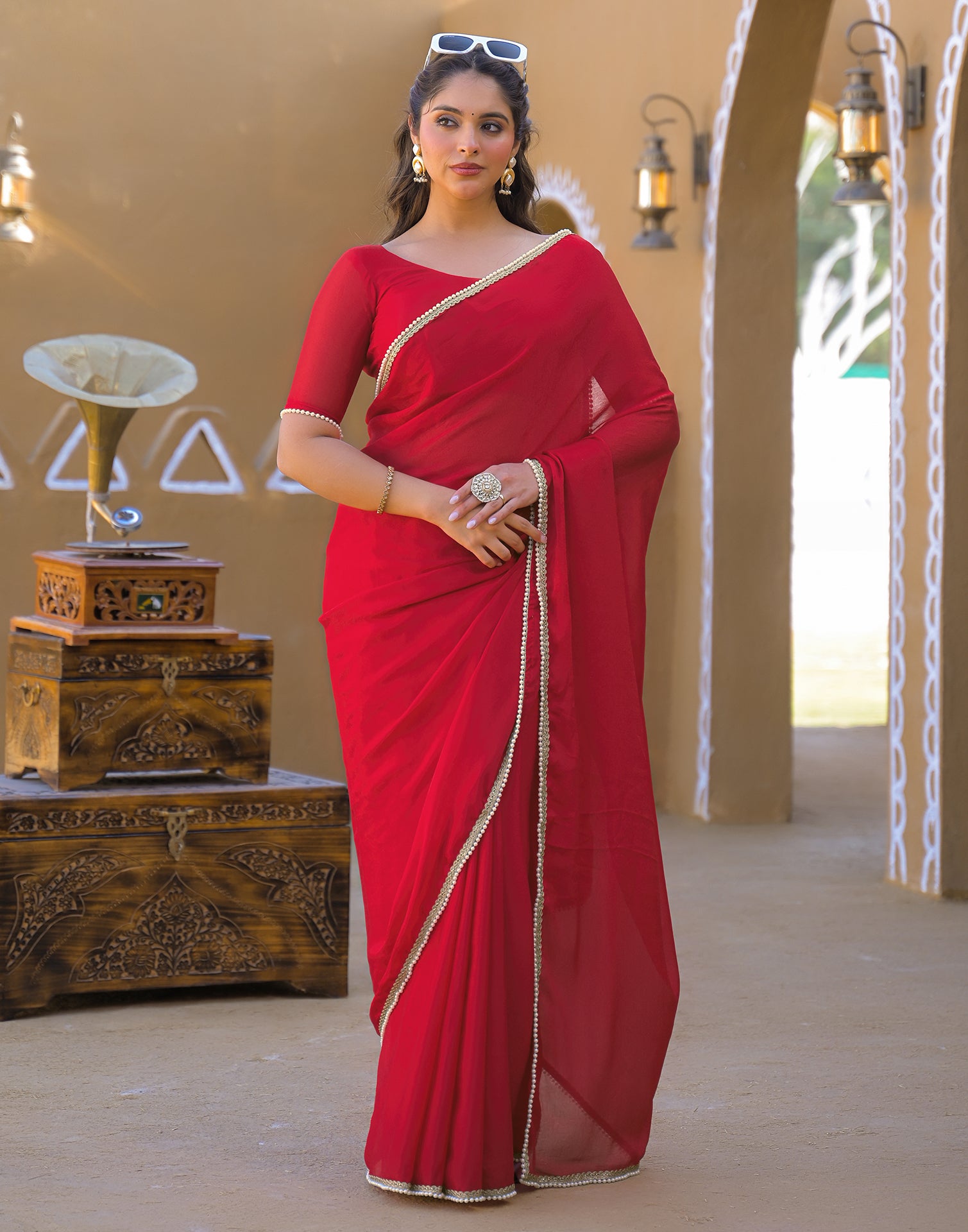 Red Crush Silk Pearl Lace Saree