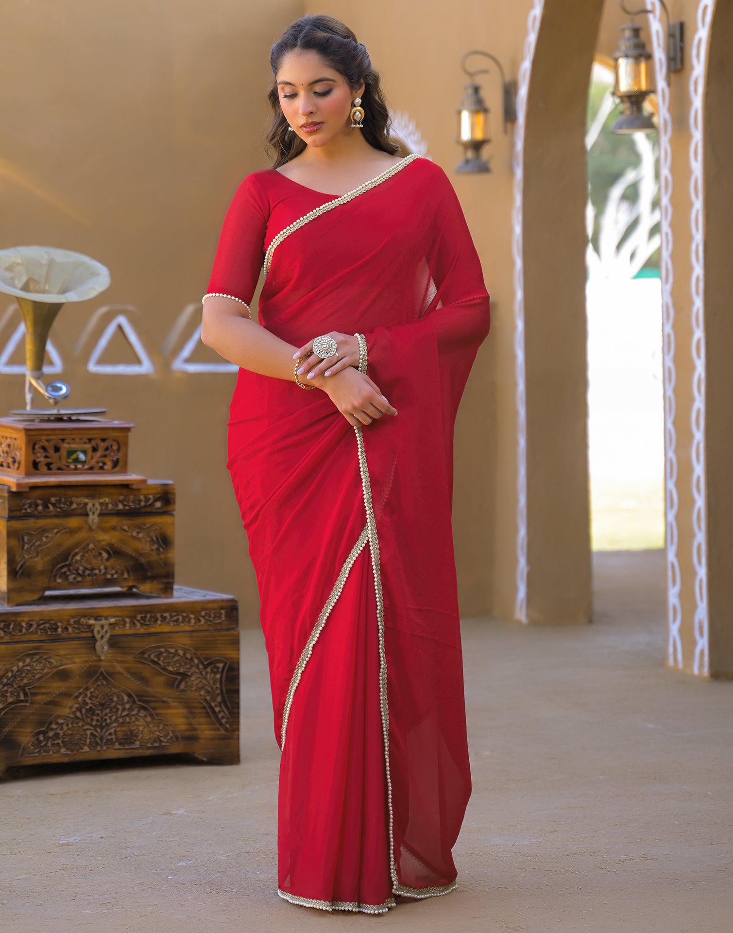 Red Crush Silk Pearl Lace Saree