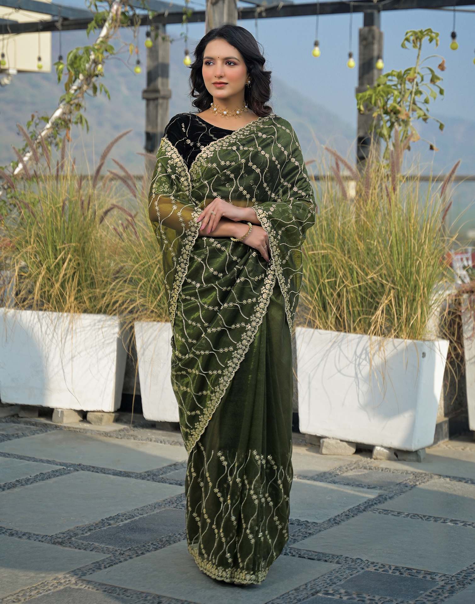 Mehandi Green Net Sequence Embroidery Saree