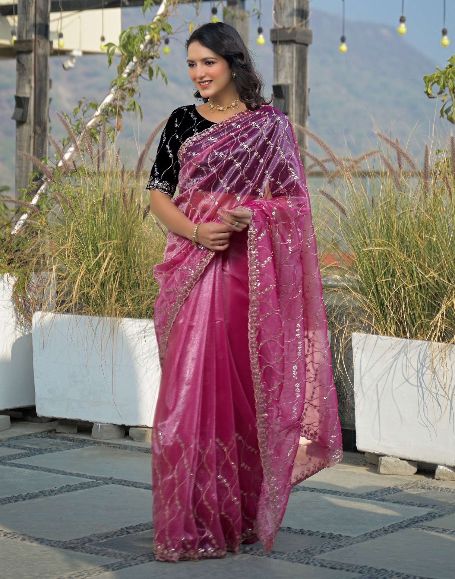 Pink Net Sequence Embroidery Saree