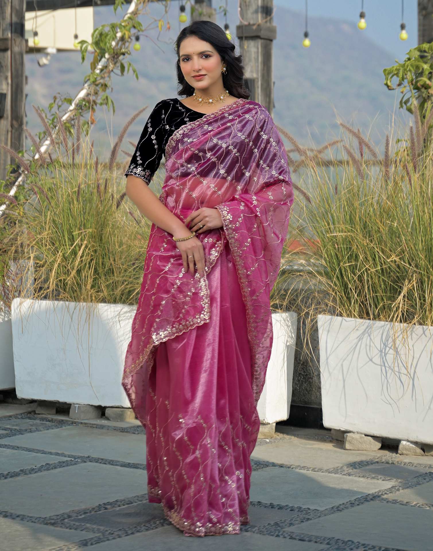 Pink Net Sequence Embroidery Saree