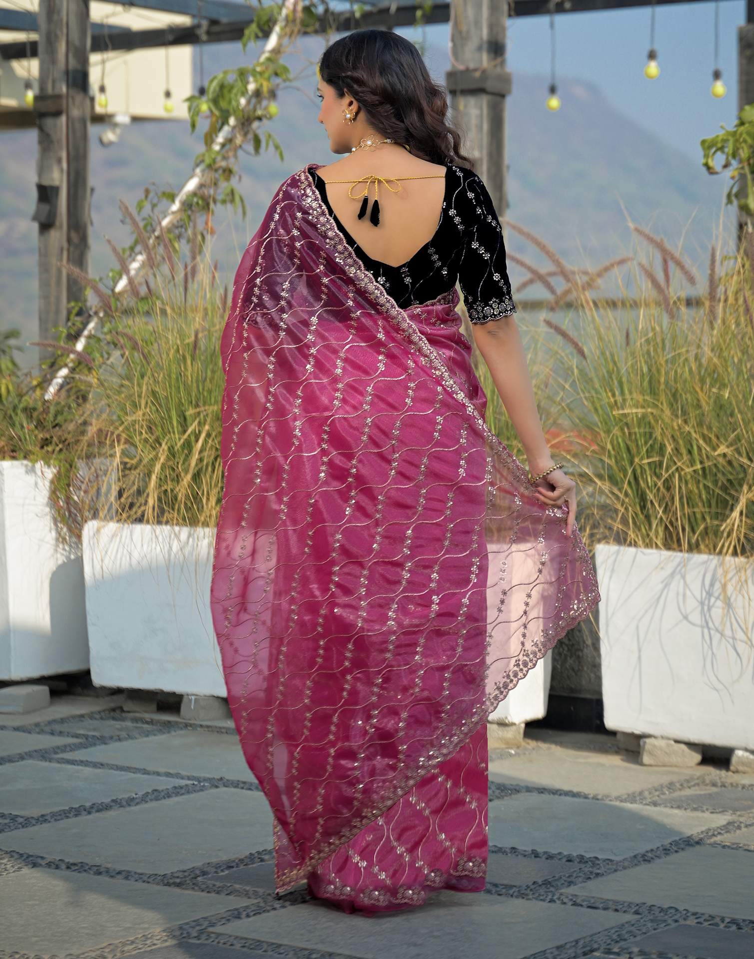 Pink Net Sequence Embroidery Saree
