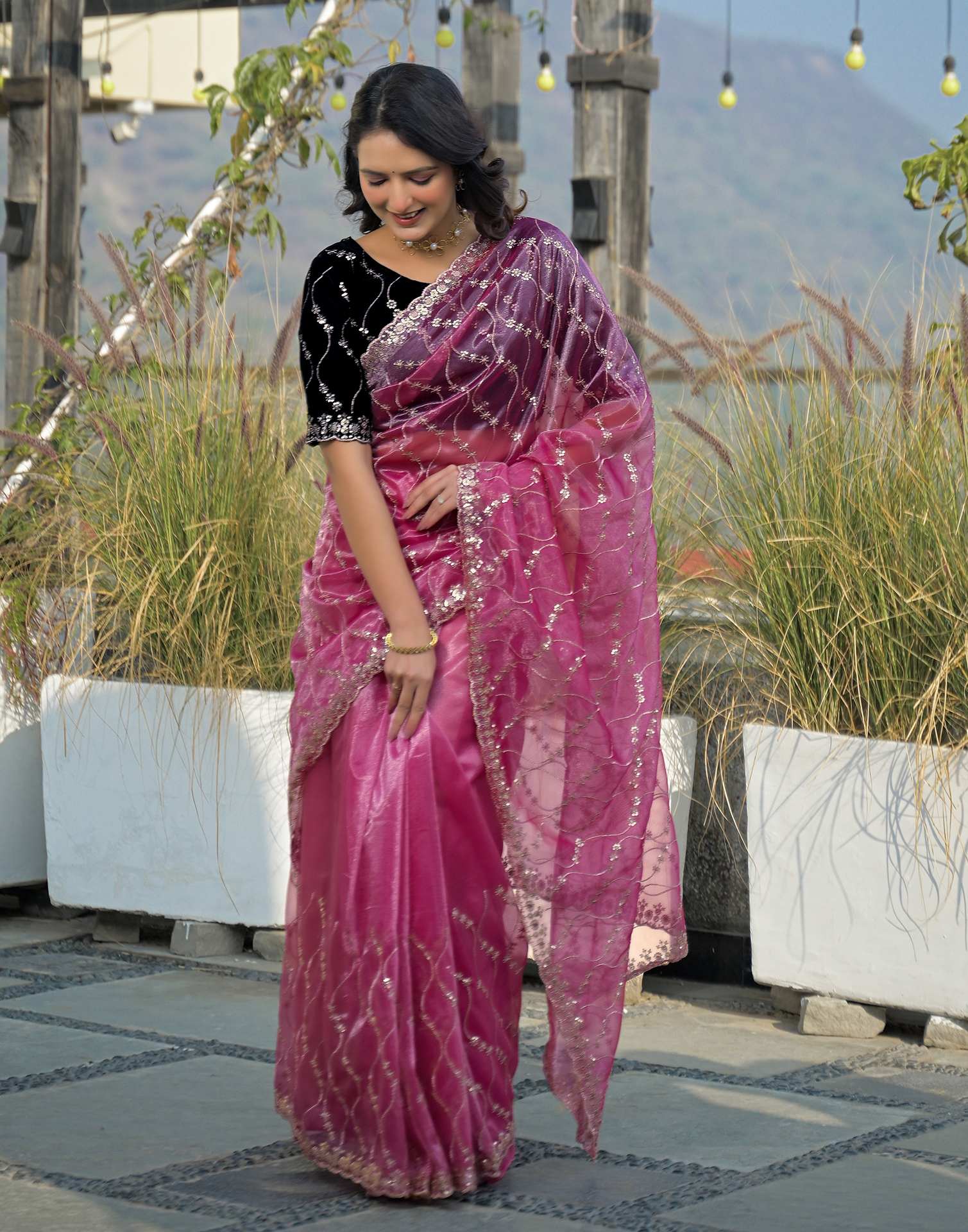 Pink Net Sequence Embroidery Saree