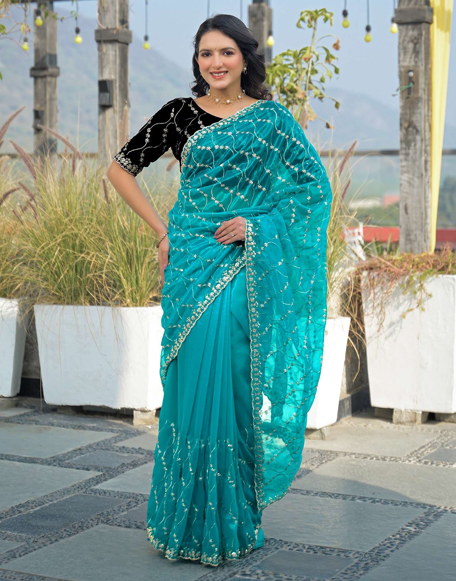 Turquoise Blue Net Sequence Embroidery Saree
