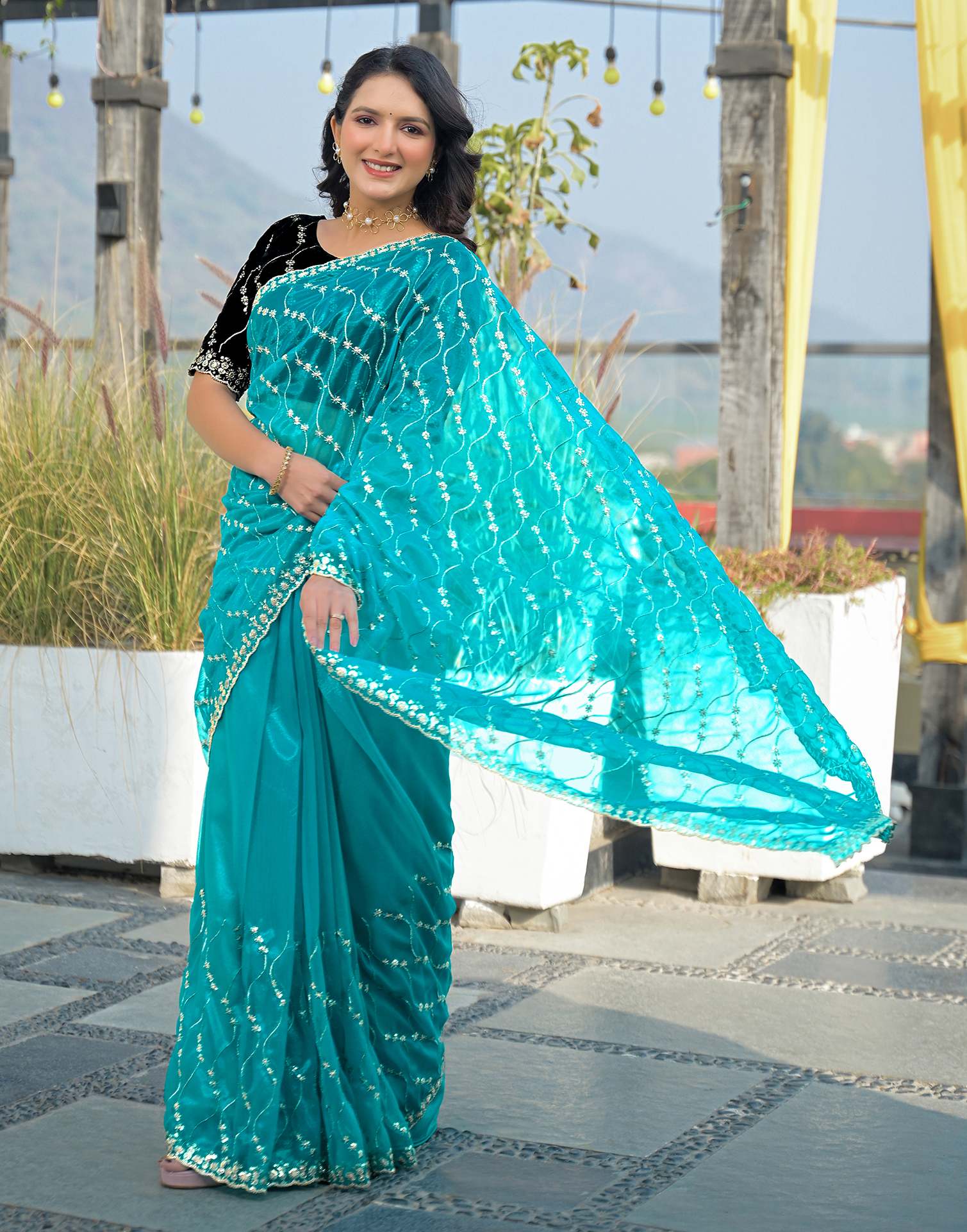 Turquoise Blue Net Sequence Embroidery Saree