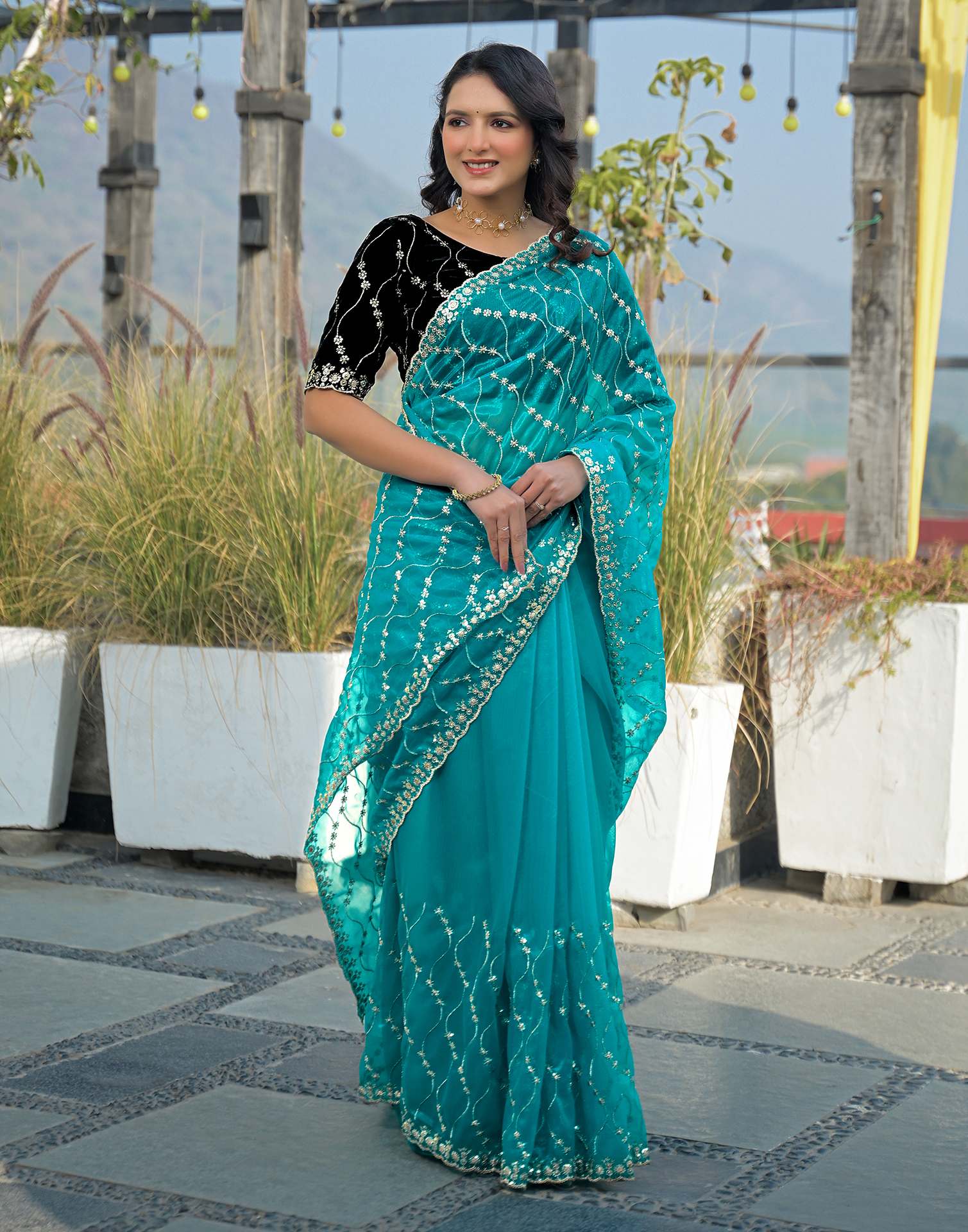 Turquoise Blue Net Sequence Embroidery Saree