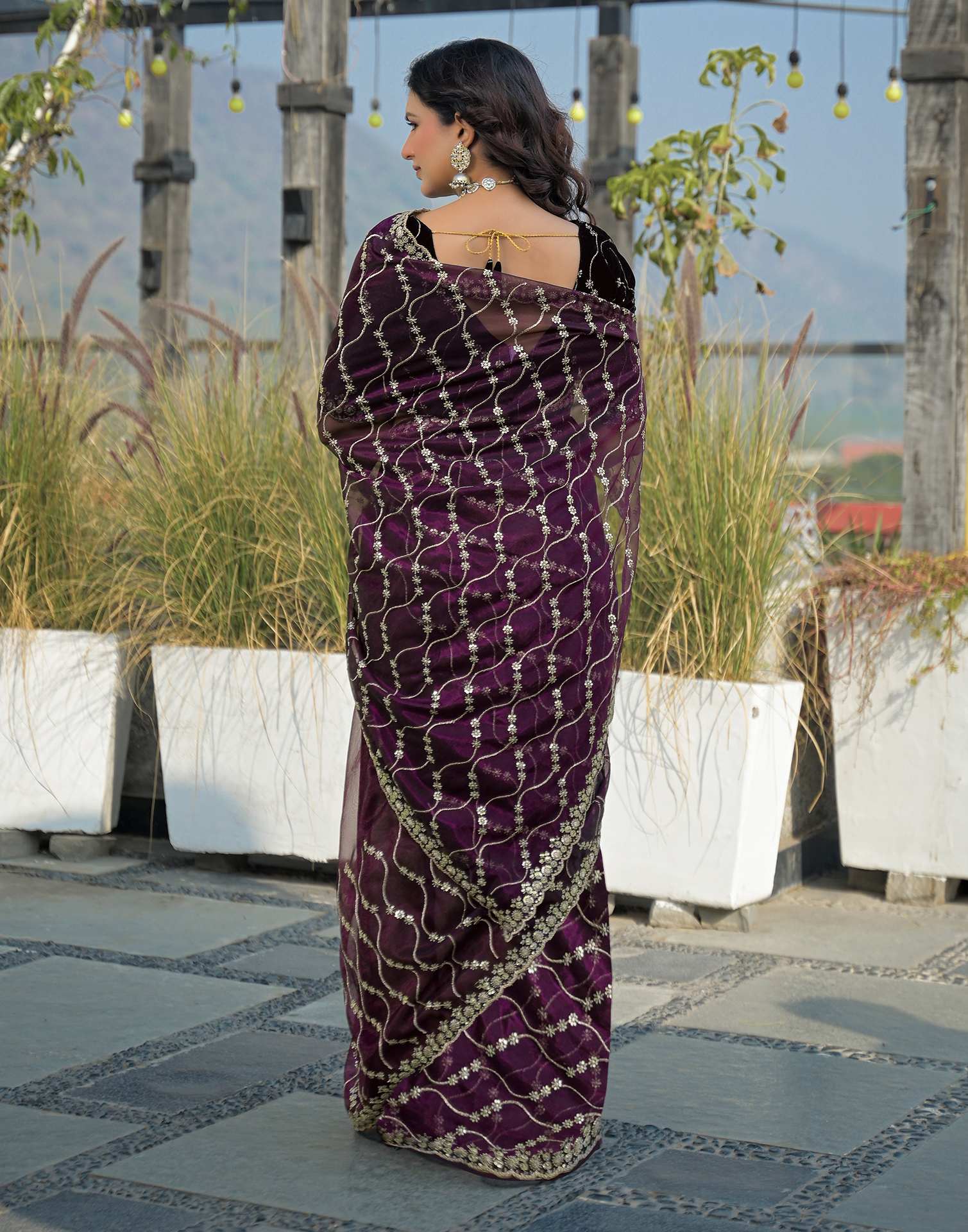 Wine Net Sequence Embroidery Saree