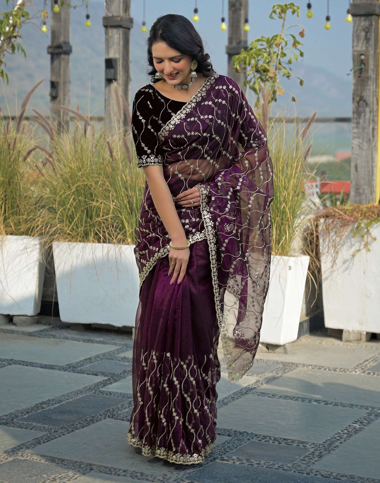 Wine Net Sequence Embroidery Saree