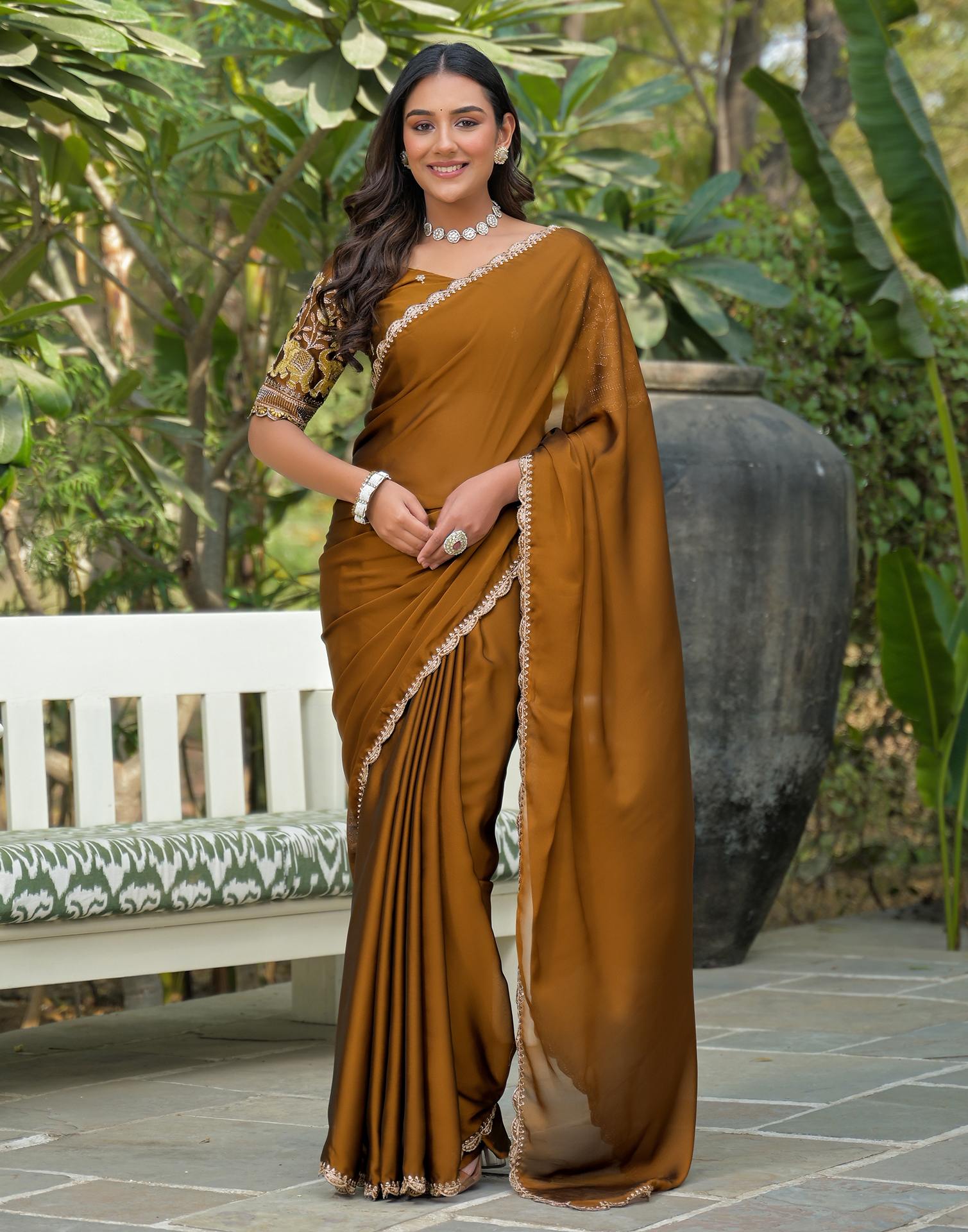Brown Silk Embroidery Saree