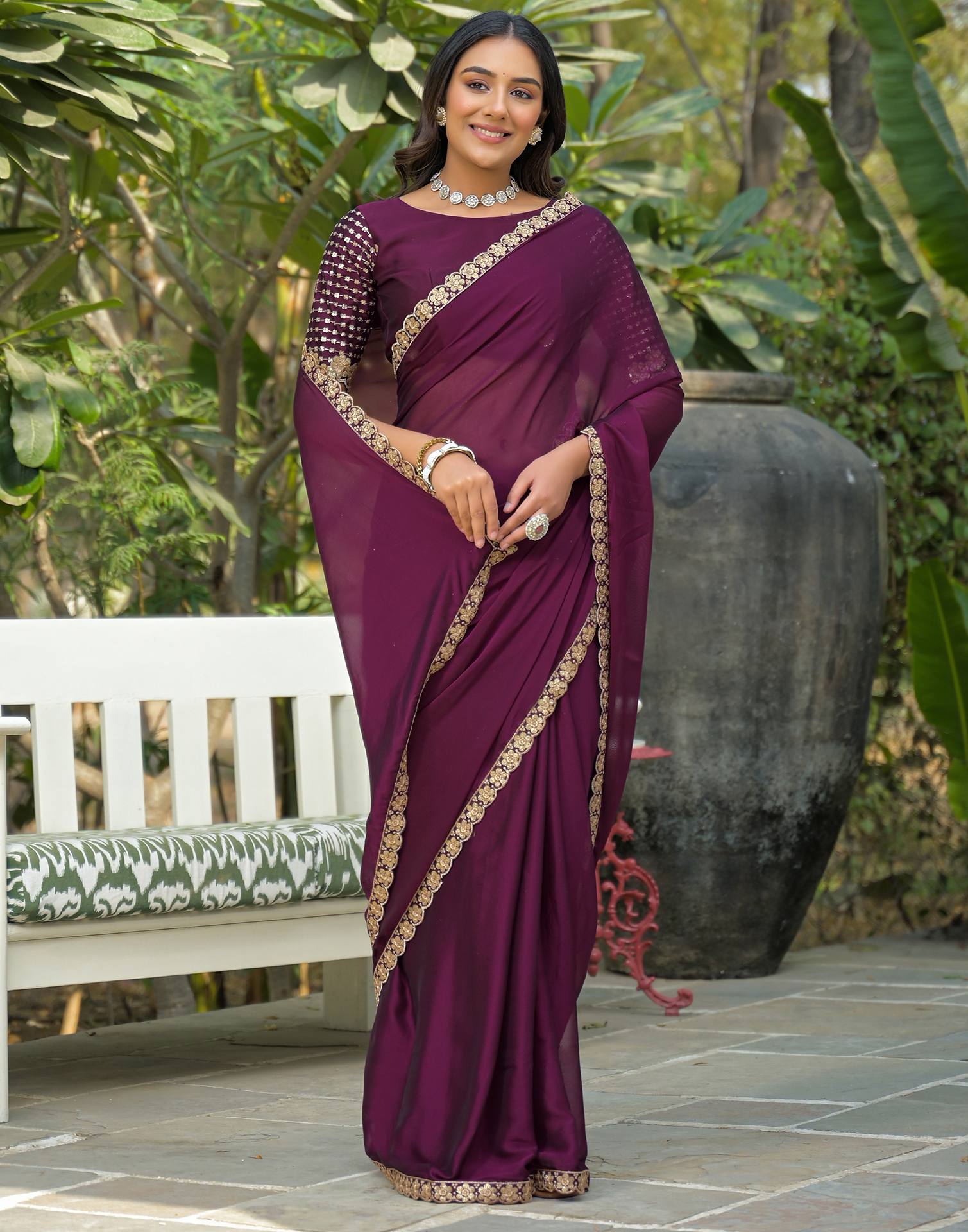 Wine Silk Sequence Embroidery Lace Saree
