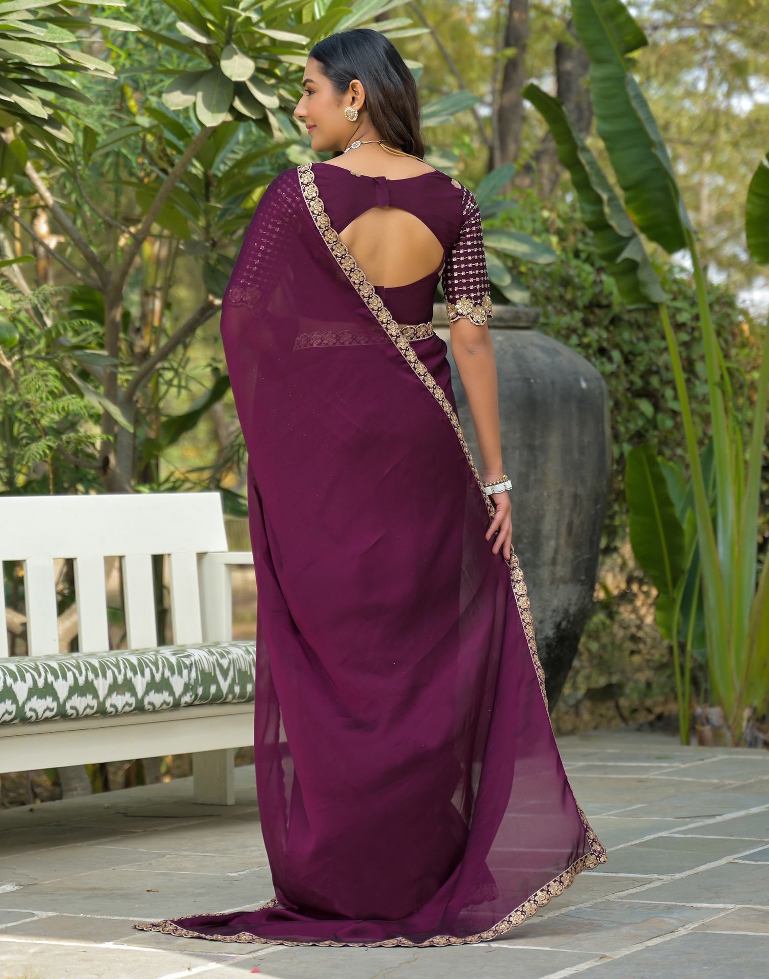 Wine Silk Sequence Embroidery Lace Saree