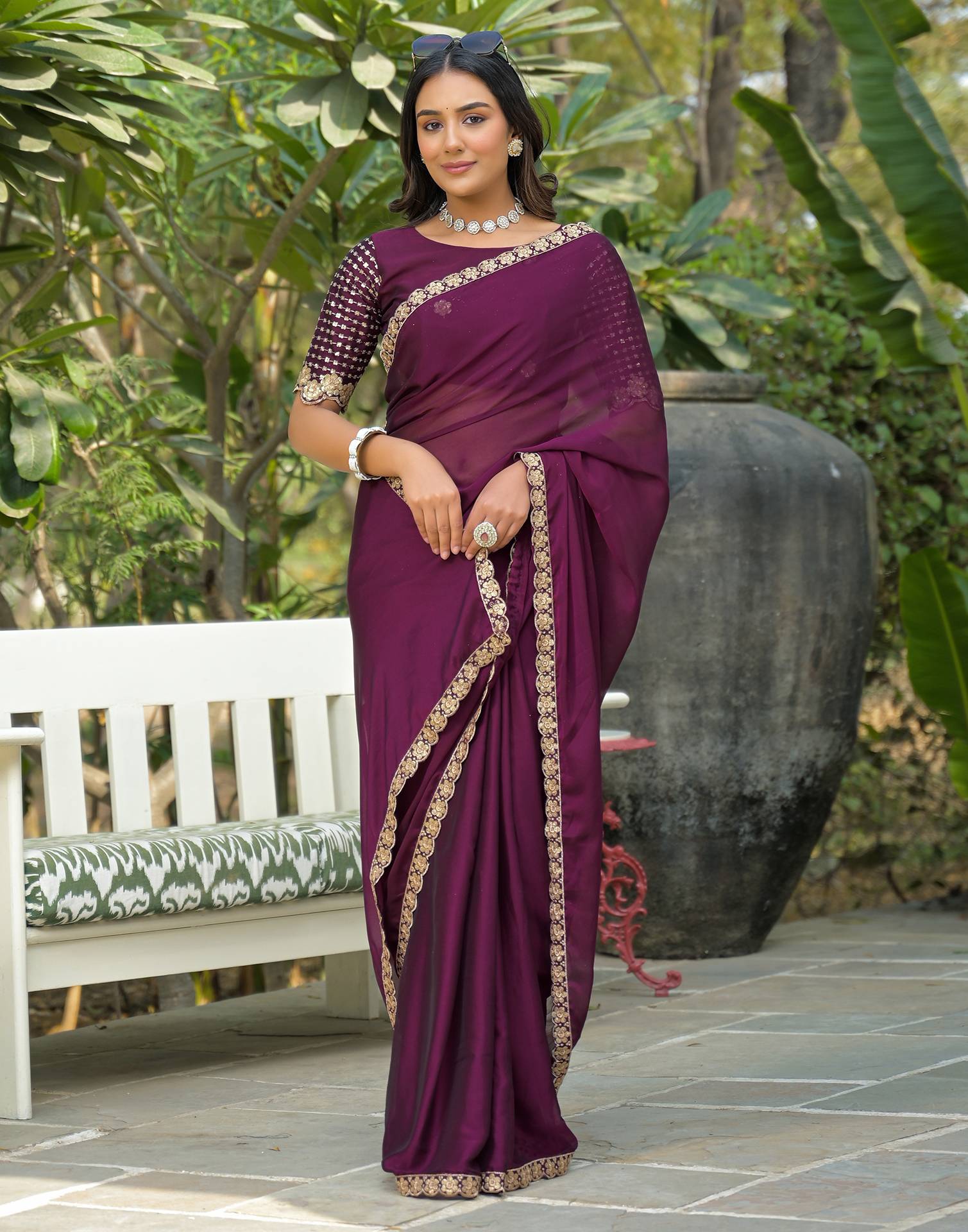 Wine Silk Sequence Embroidery Lace Saree