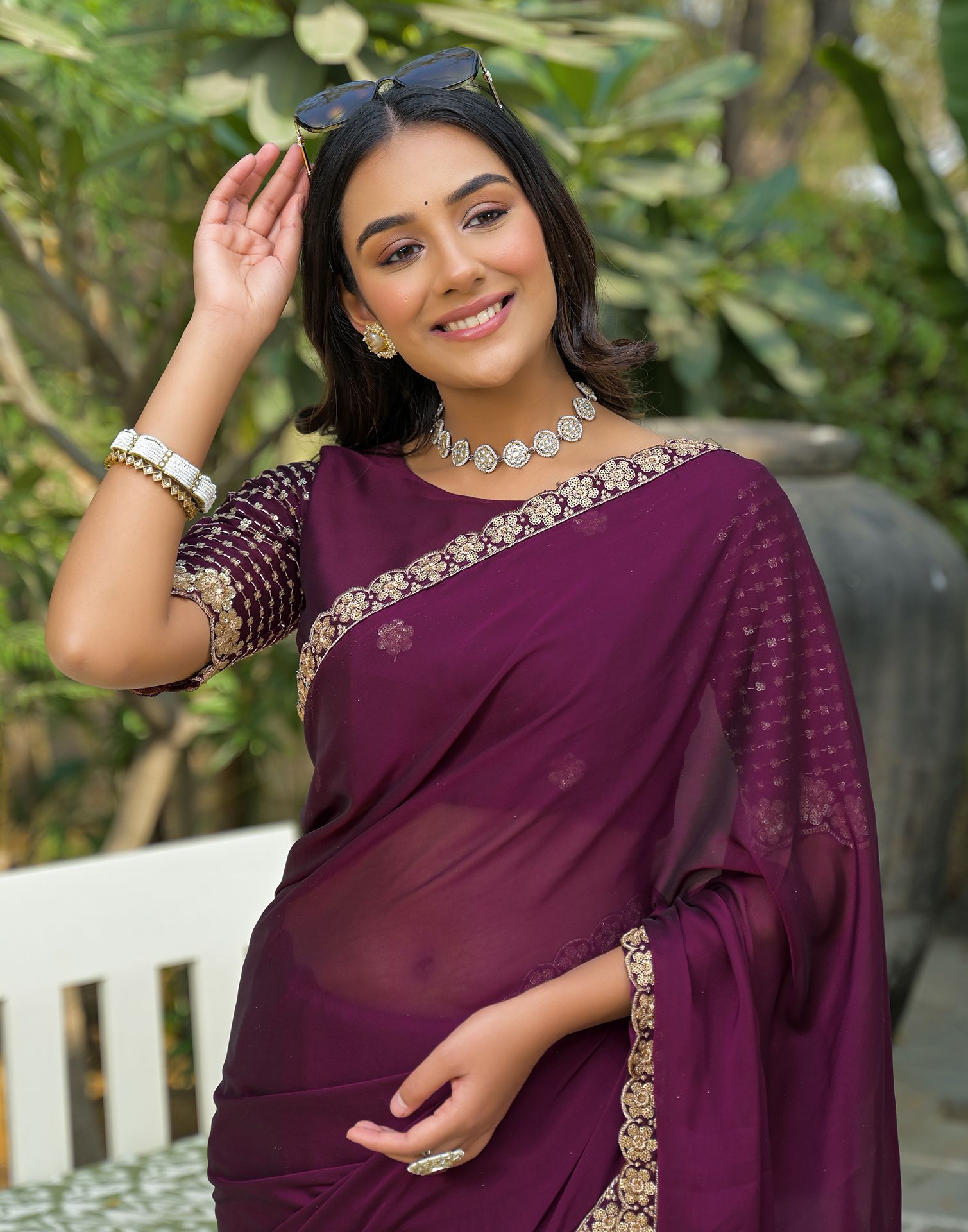 Wine Silk Sequence Embroidery Lace Saree