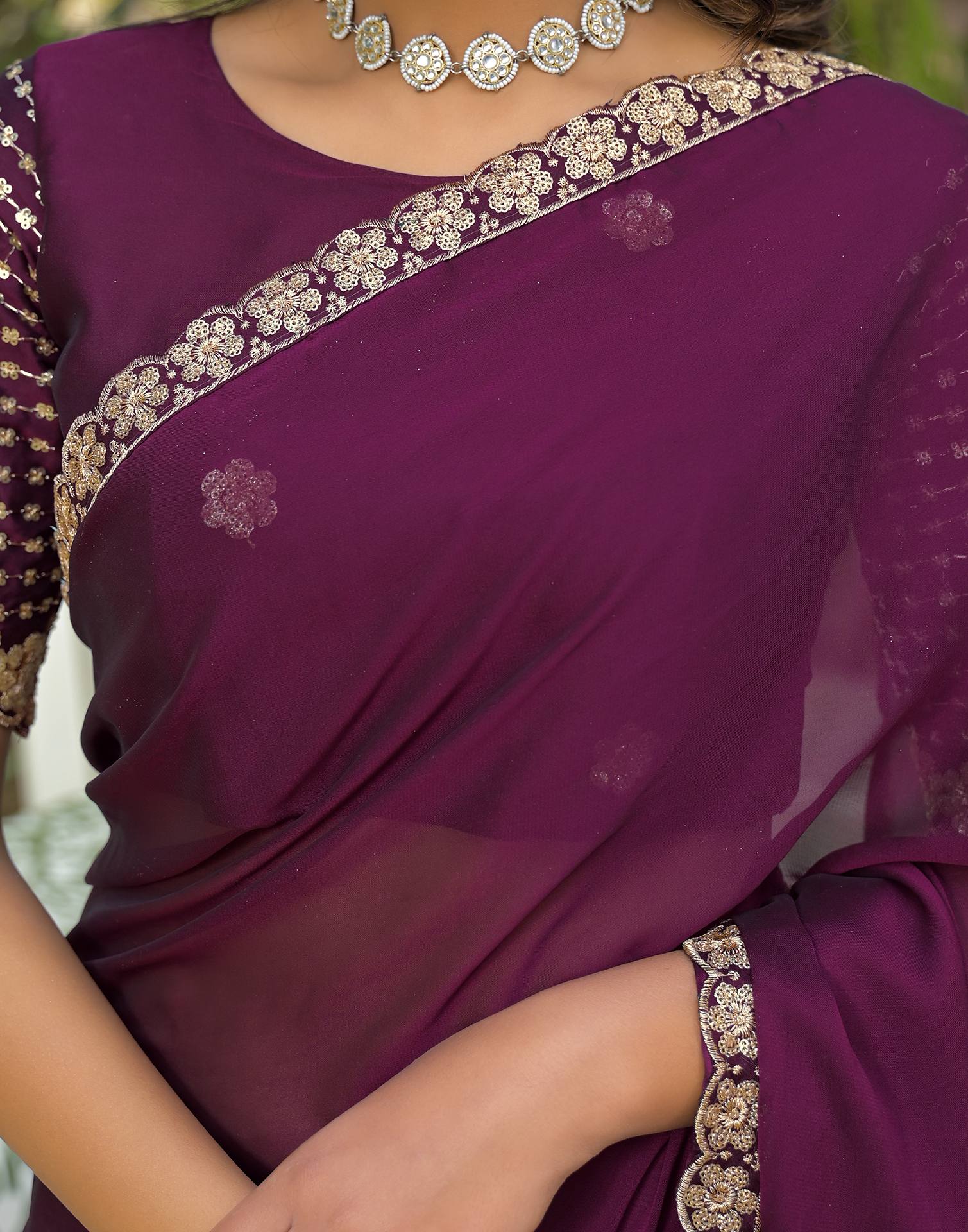 Wine Silk Sequence Embroidery Lace Saree