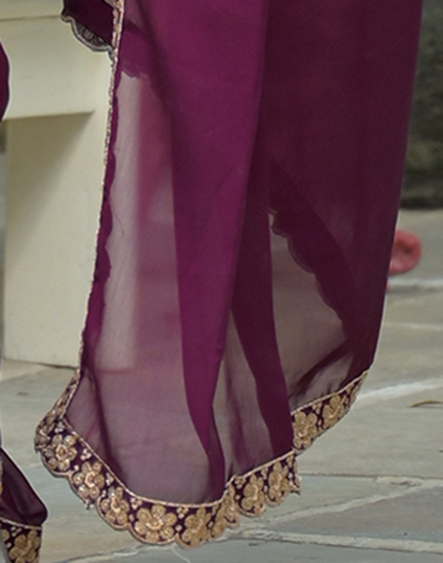 Wine Silk Sequence Embroidery Lace Saree