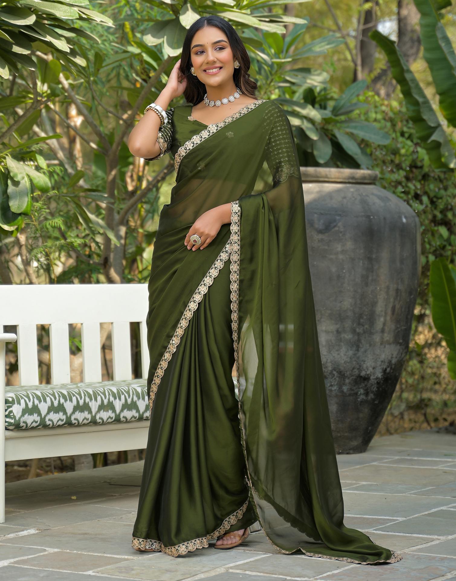 Mehandi Green Silk Sequence Embroidery Lace Saree