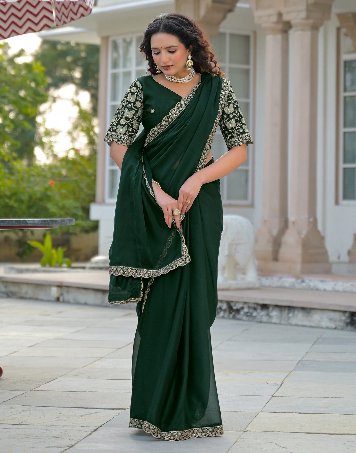 Bottle Green Silk Sequence Embroidery Lace Saree