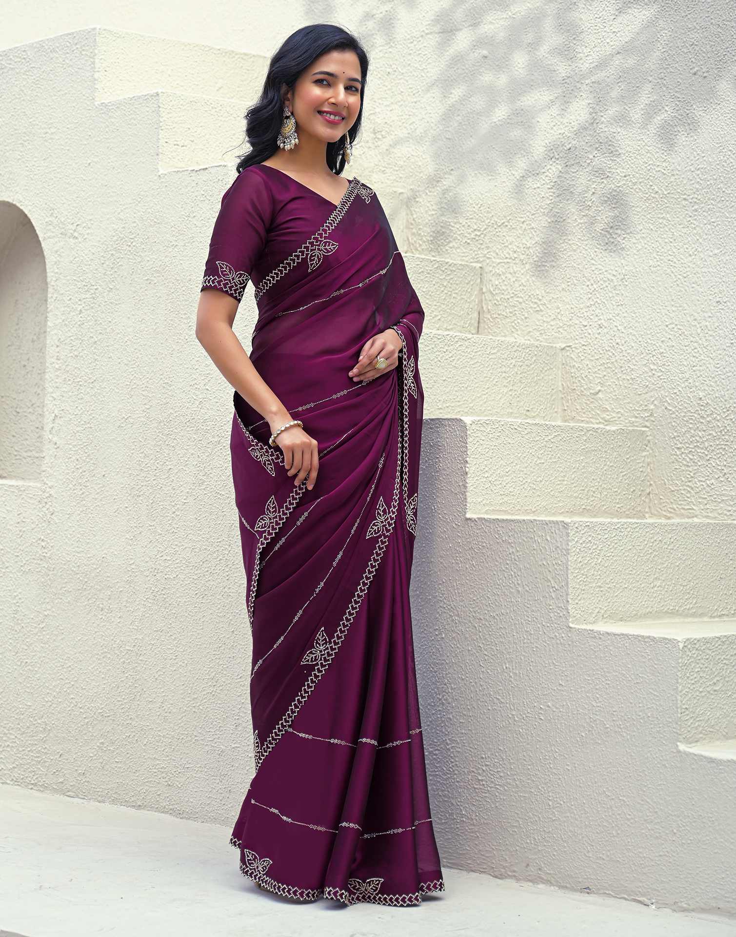 Dark Purple Silk Stone Work Swarovski Saree