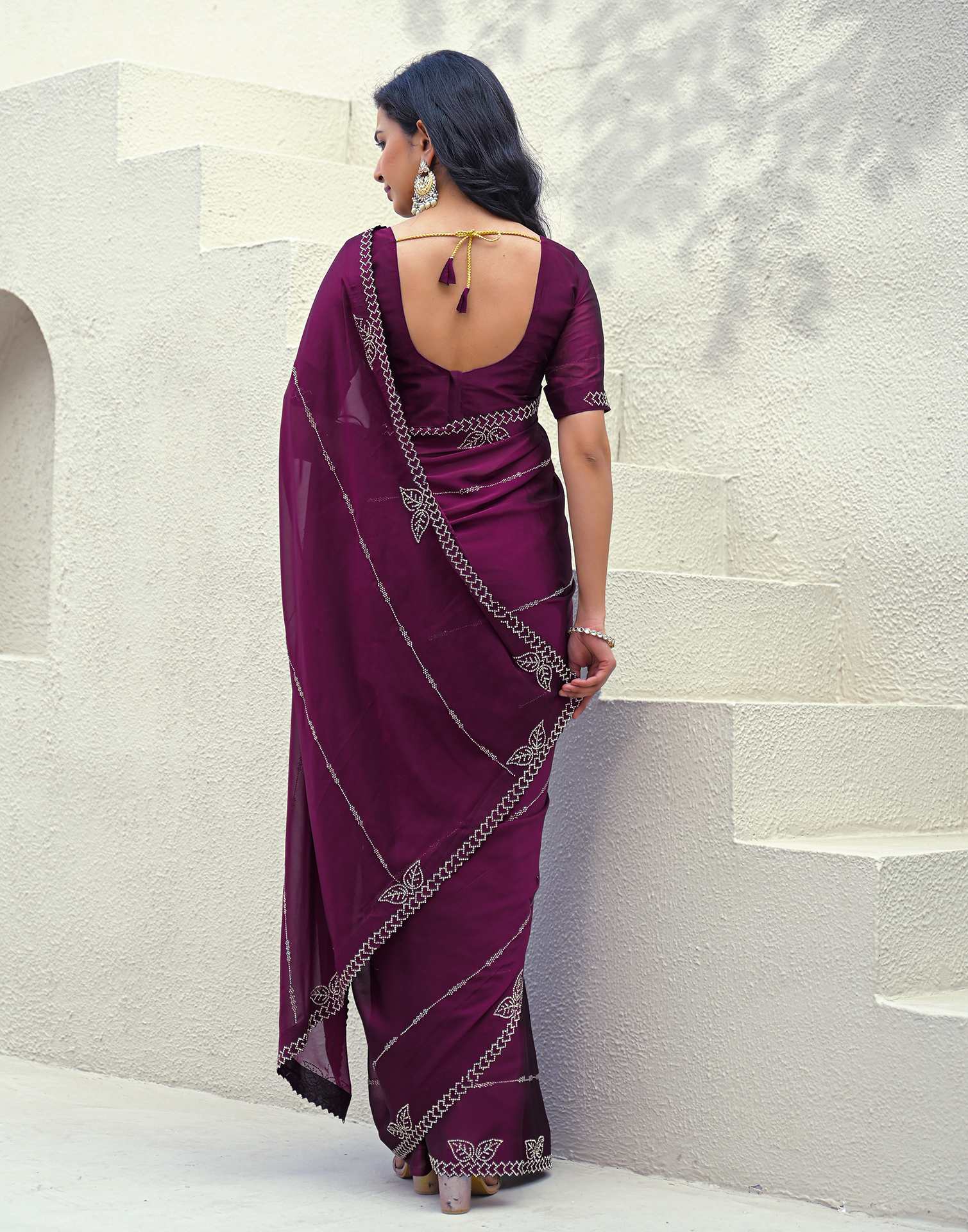 Dark Purple Silk Stone Work Swarovski Saree