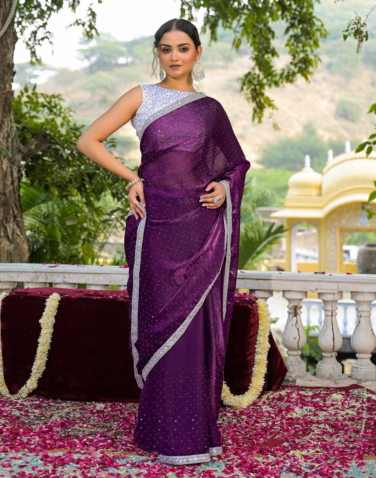 Dark Purple Shimmer Tissue Stone Work Swarovski Saree