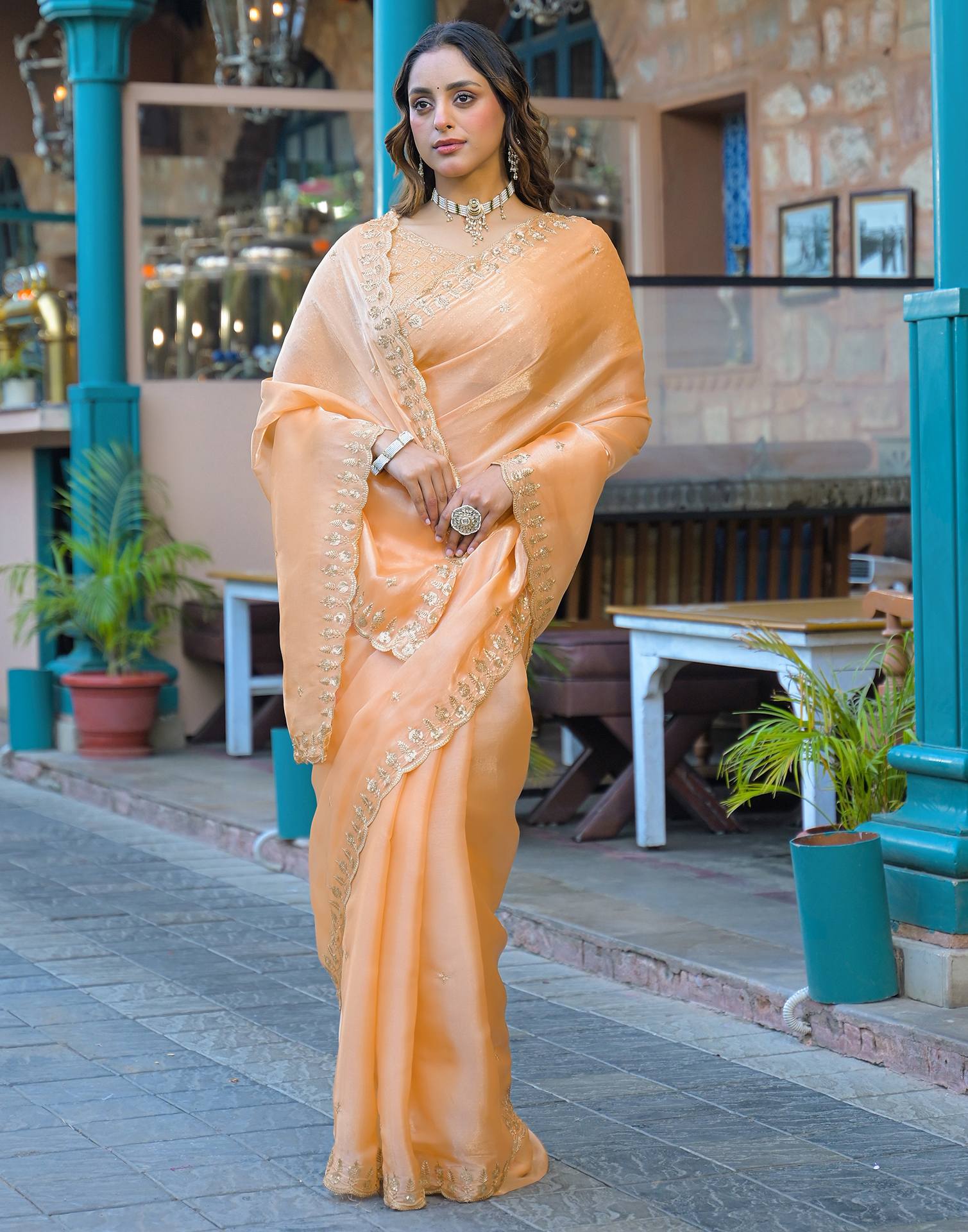 Dusty Peach Shimmer Tissue Sequence Embroidery Saree