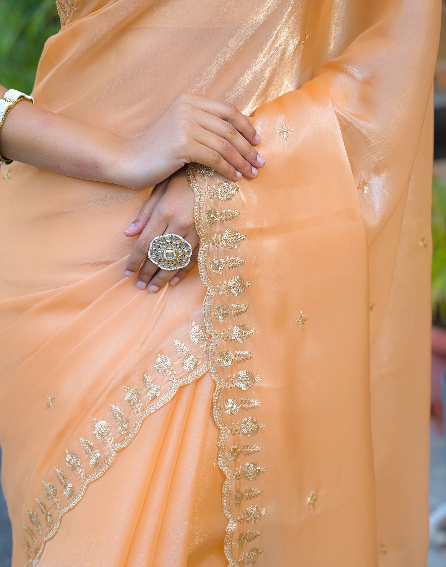 Dusty Peach Shimmer Tissue Sequence Embroidery Saree