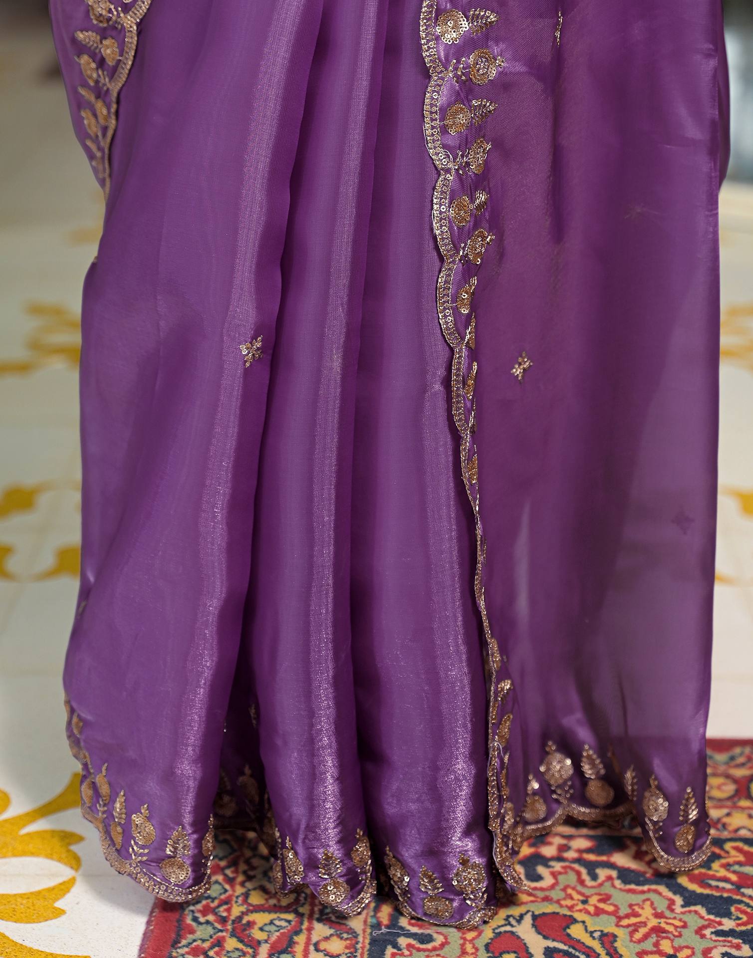 Lavender Shimmer Tissue Sequence Embroidery Saree