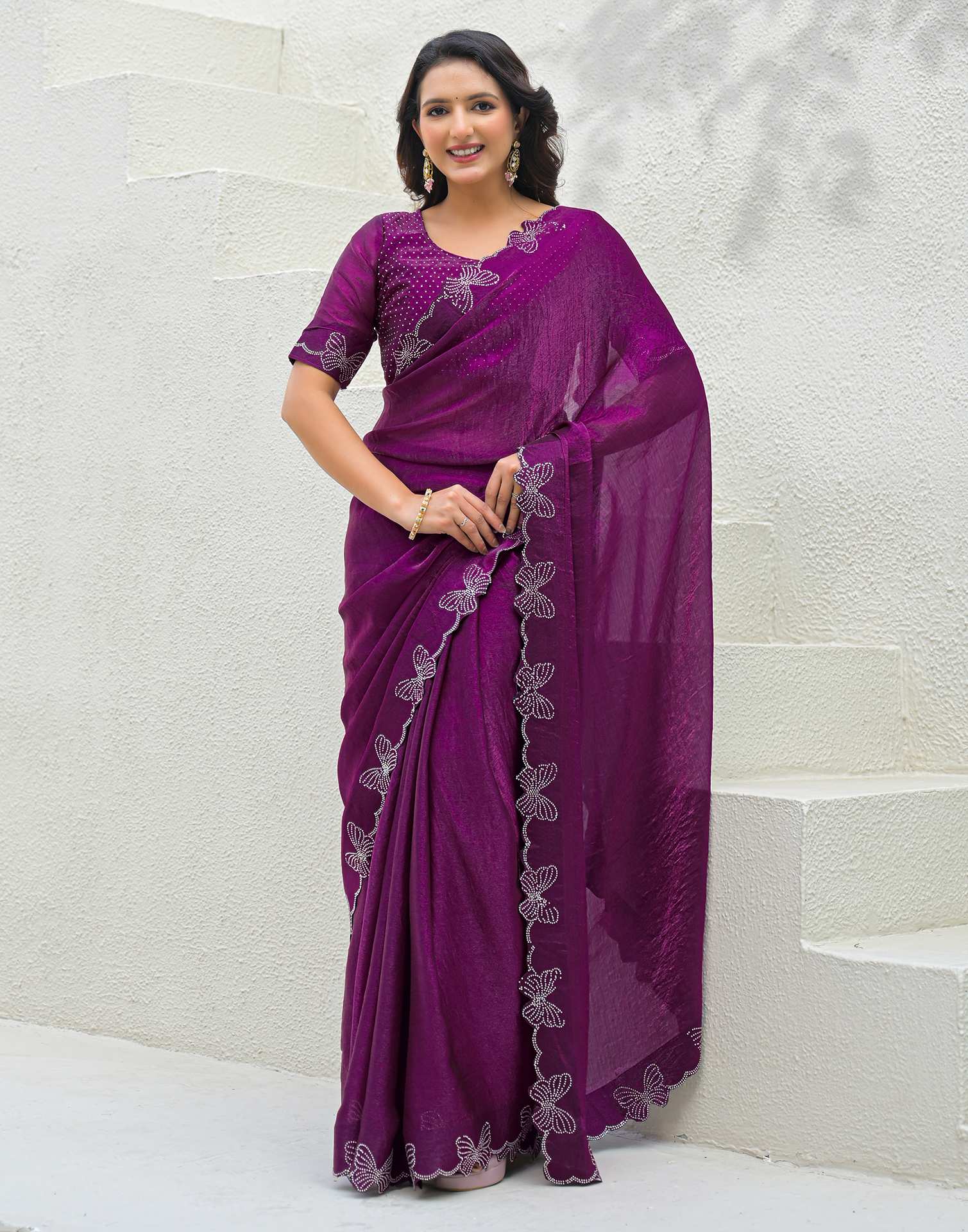 Purple Shimmer Stone Work Swarovski Saree