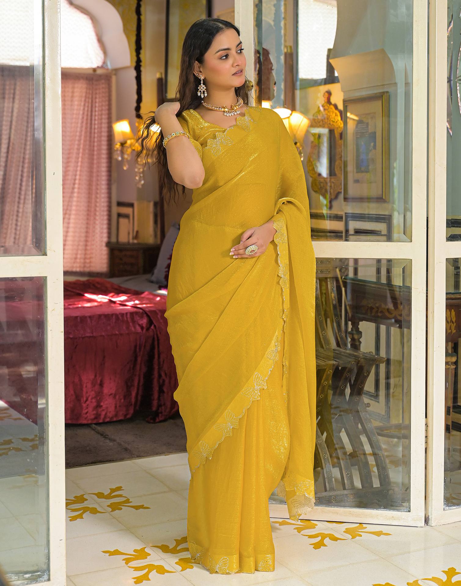 Yellow Shimmer Stone Work Swarovski Saree
