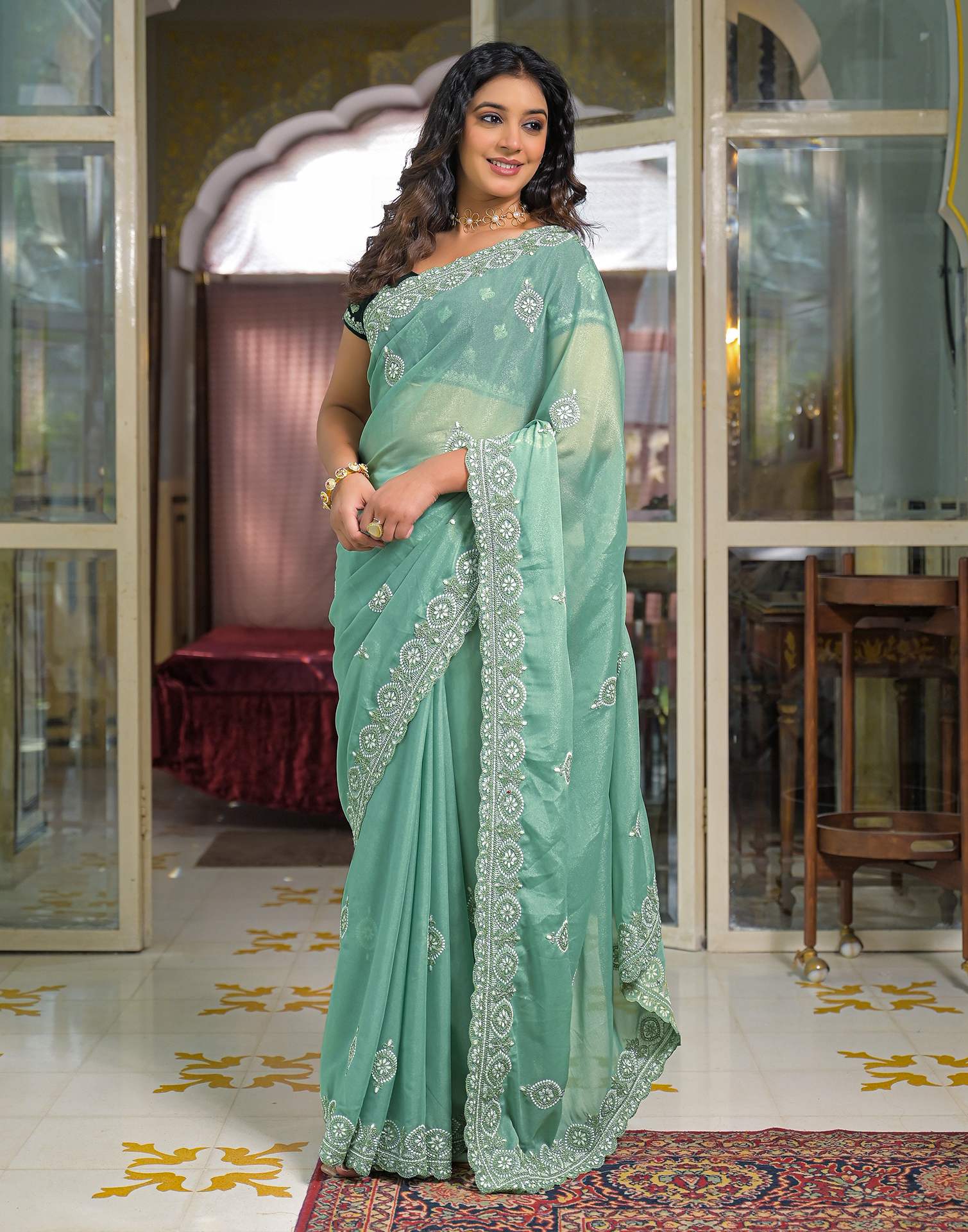 Mint Green Shimmer Embroidery Saree