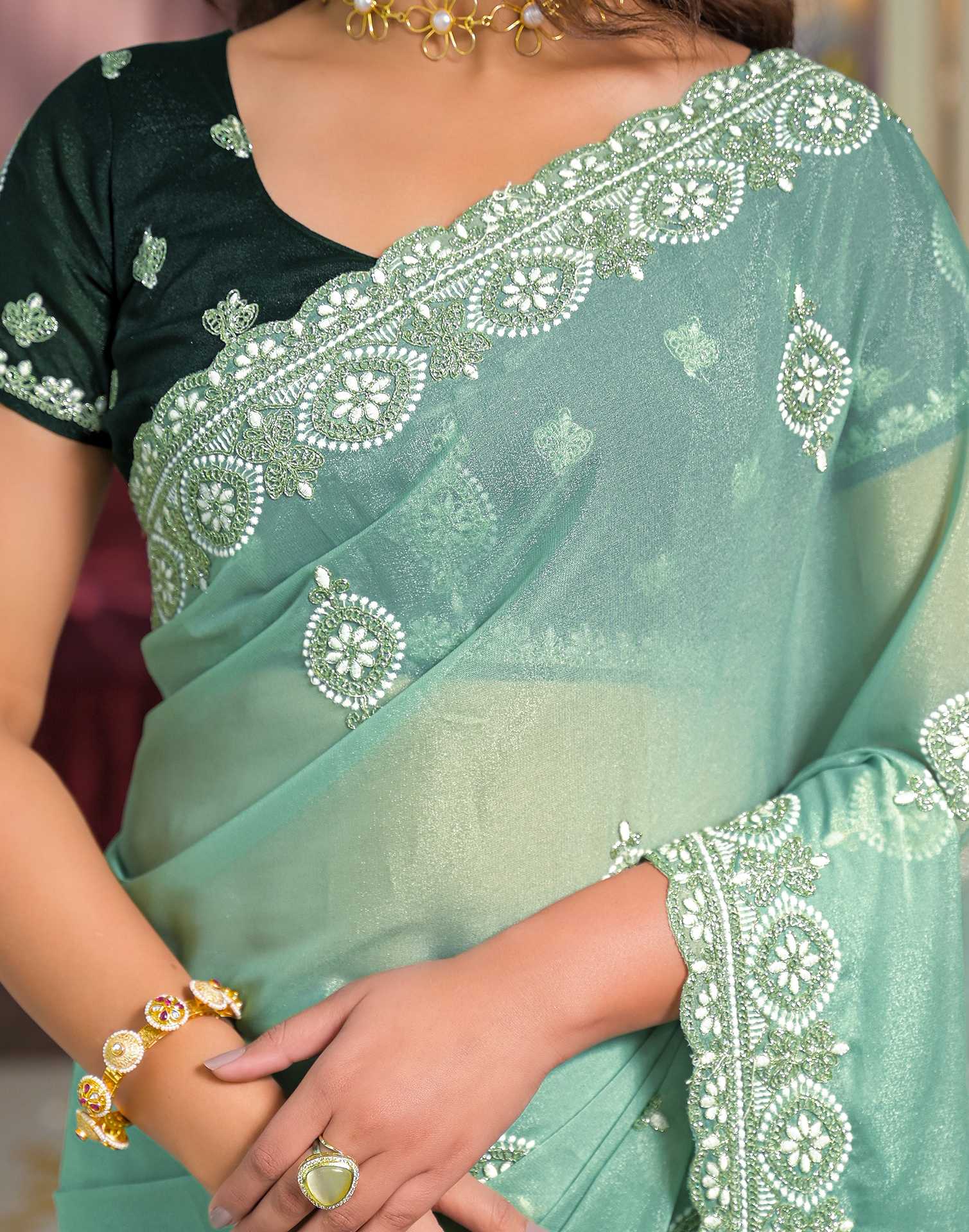 Mint Green Shimmer Embroidery Saree