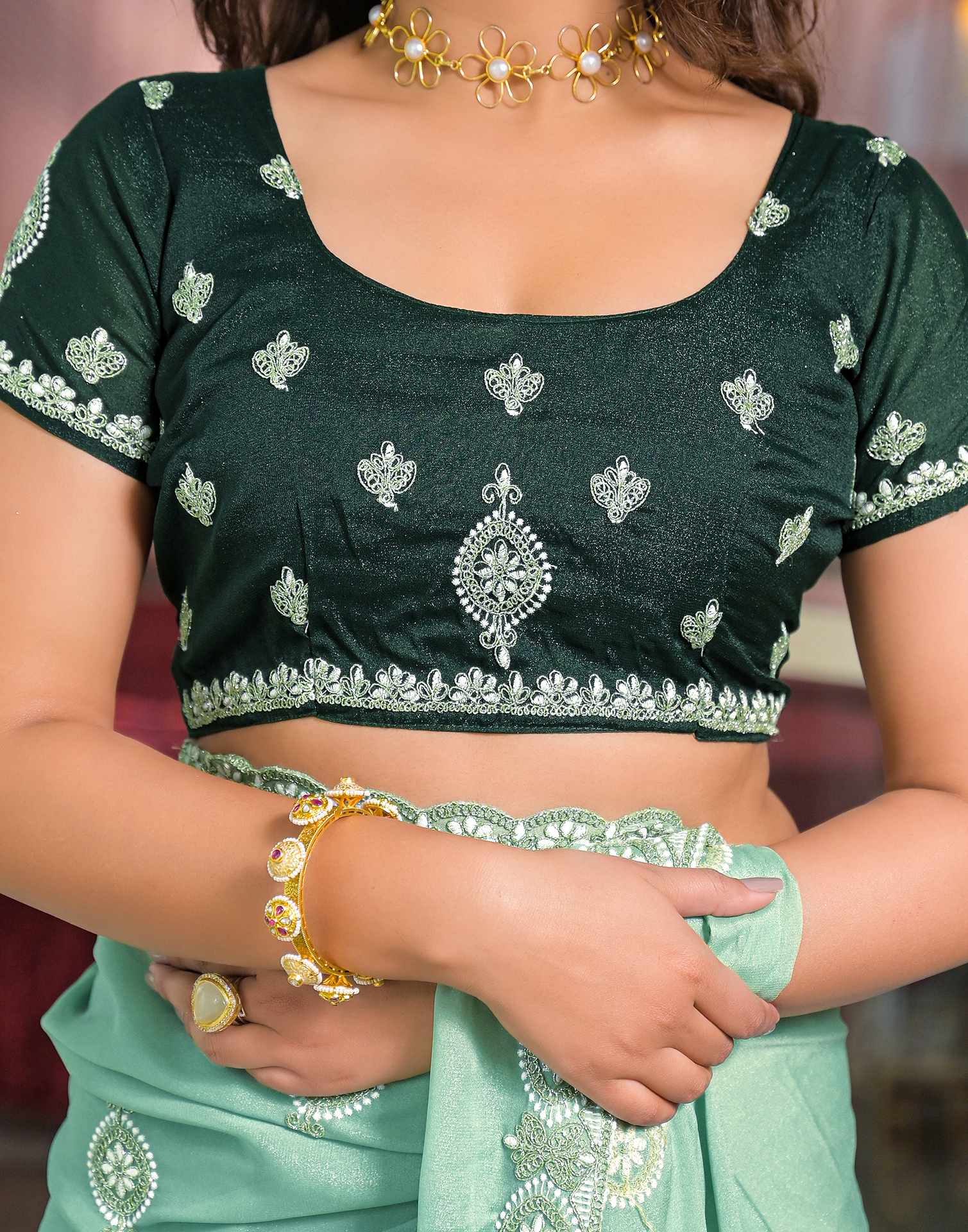 Mint Green Shimmer Embroidery Saree