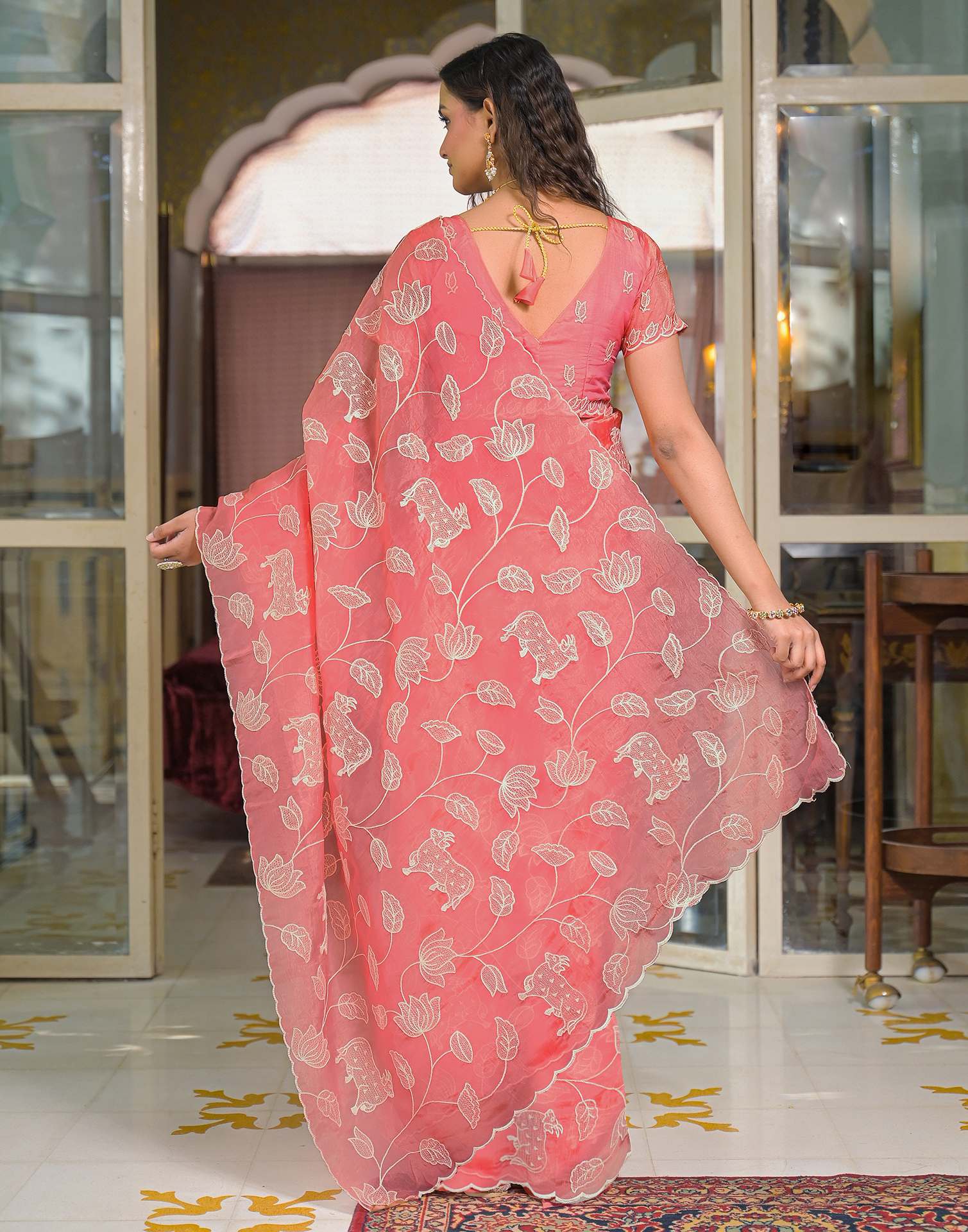 Peach Crush Tissue Embroidery Saree