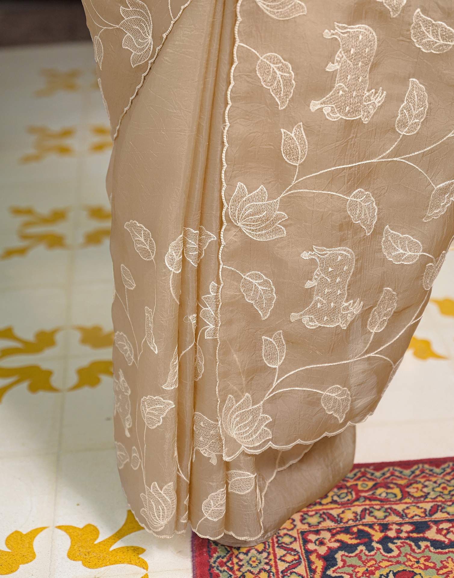 Beige Crush Tissue Embroidery Saree