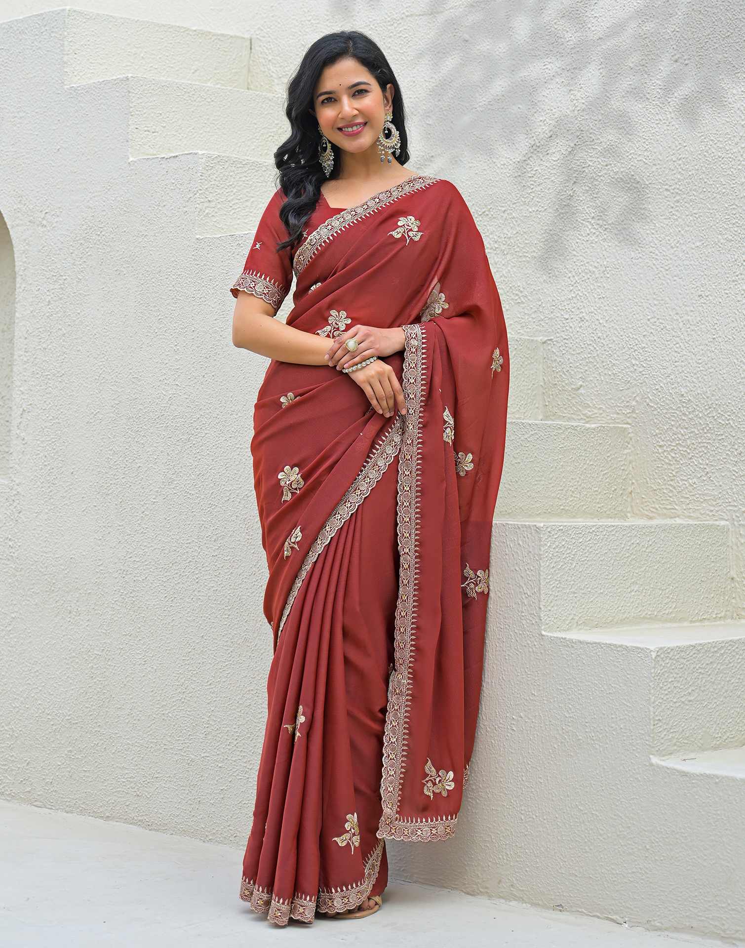 Rust Shimmer Embroidery Saree