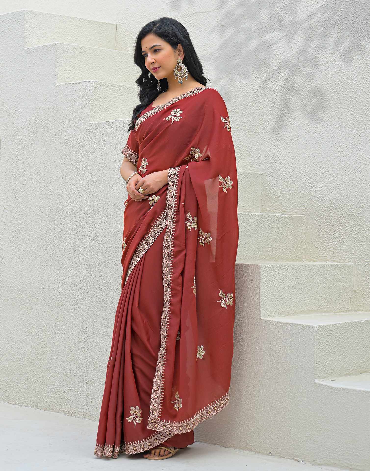 Rust Shimmer Embroidery Saree