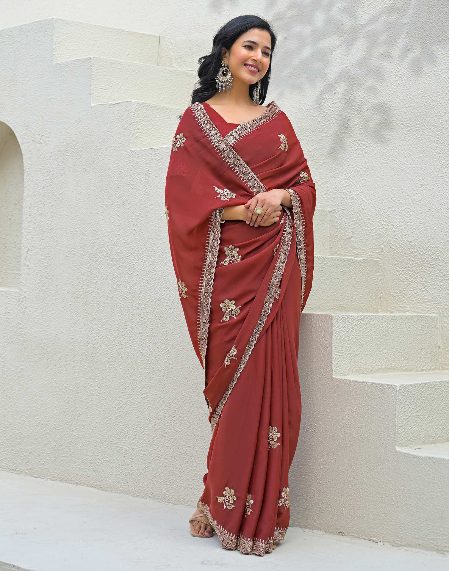Rust Shimmer Embroidery Saree