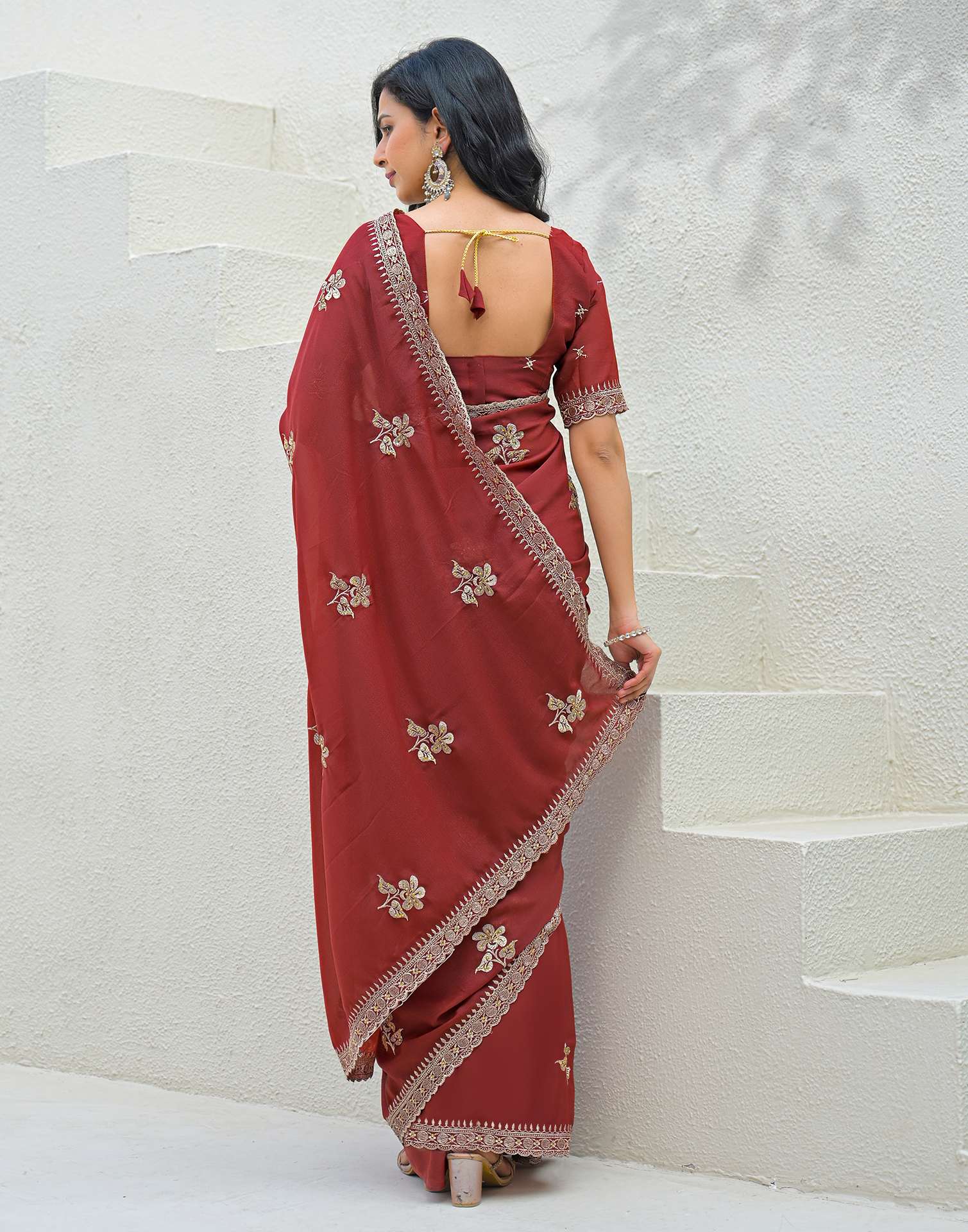 Rust Shimmer Embroidery Saree