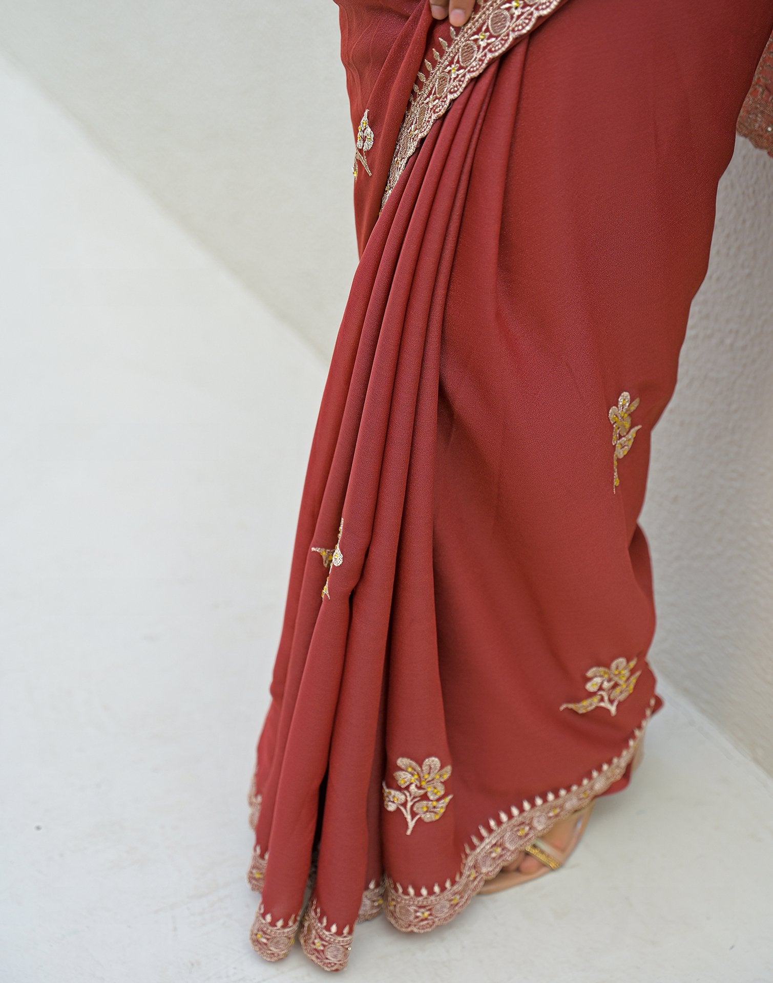Rust Shimmer Embroidery Saree