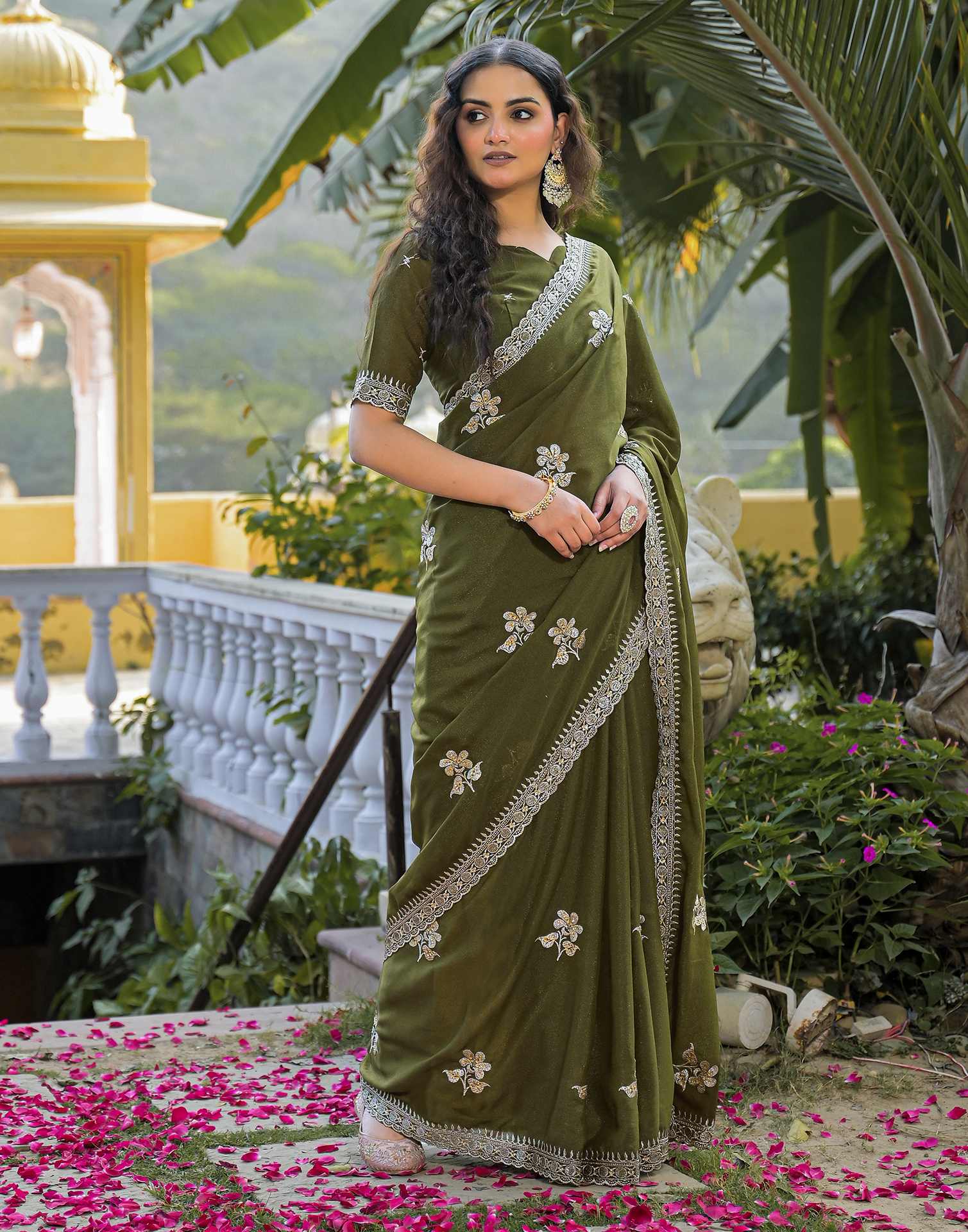 Mahendi Green Shimmer Embroidery Saree