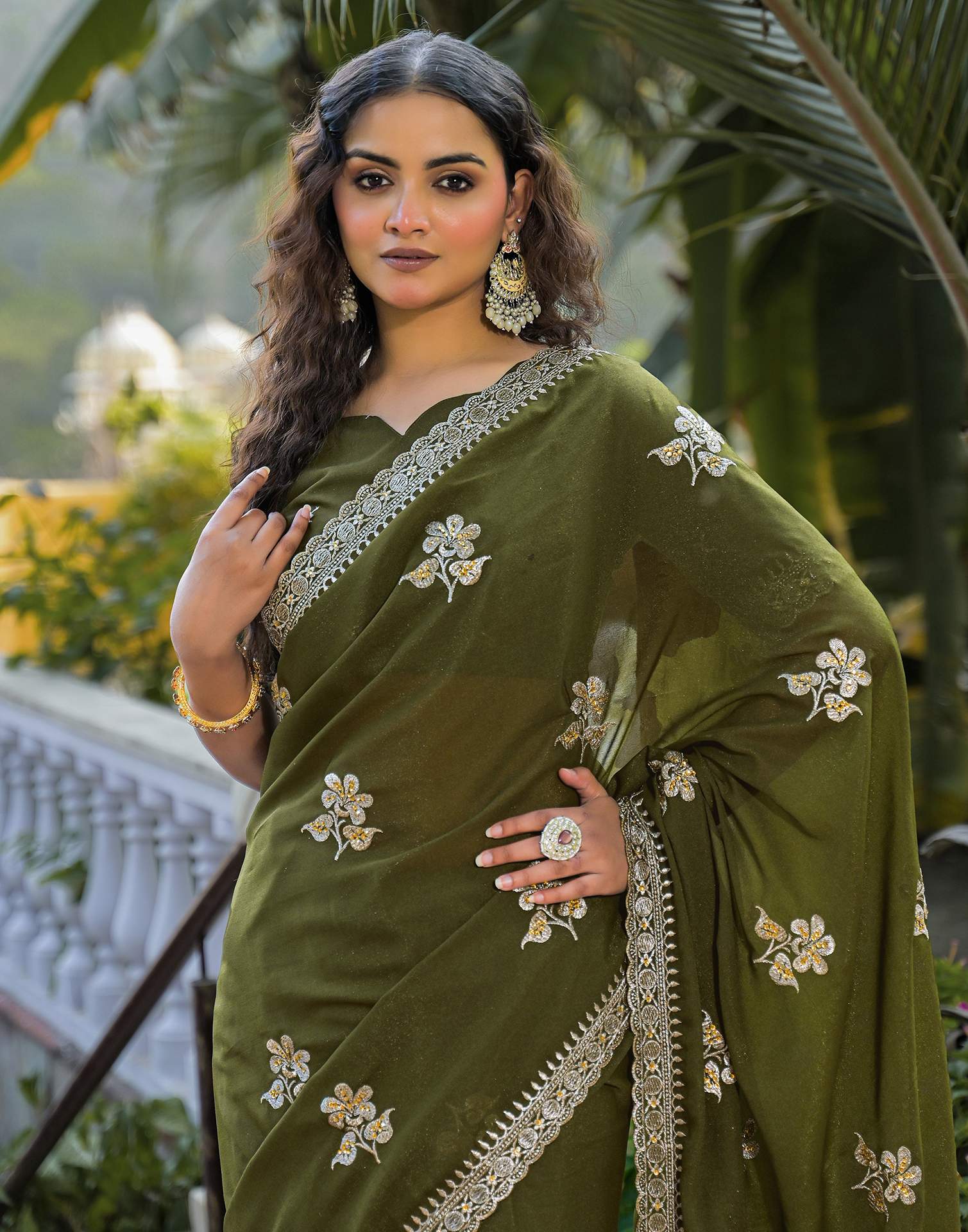 Mahendi Green Shimmer Embroidery Saree
