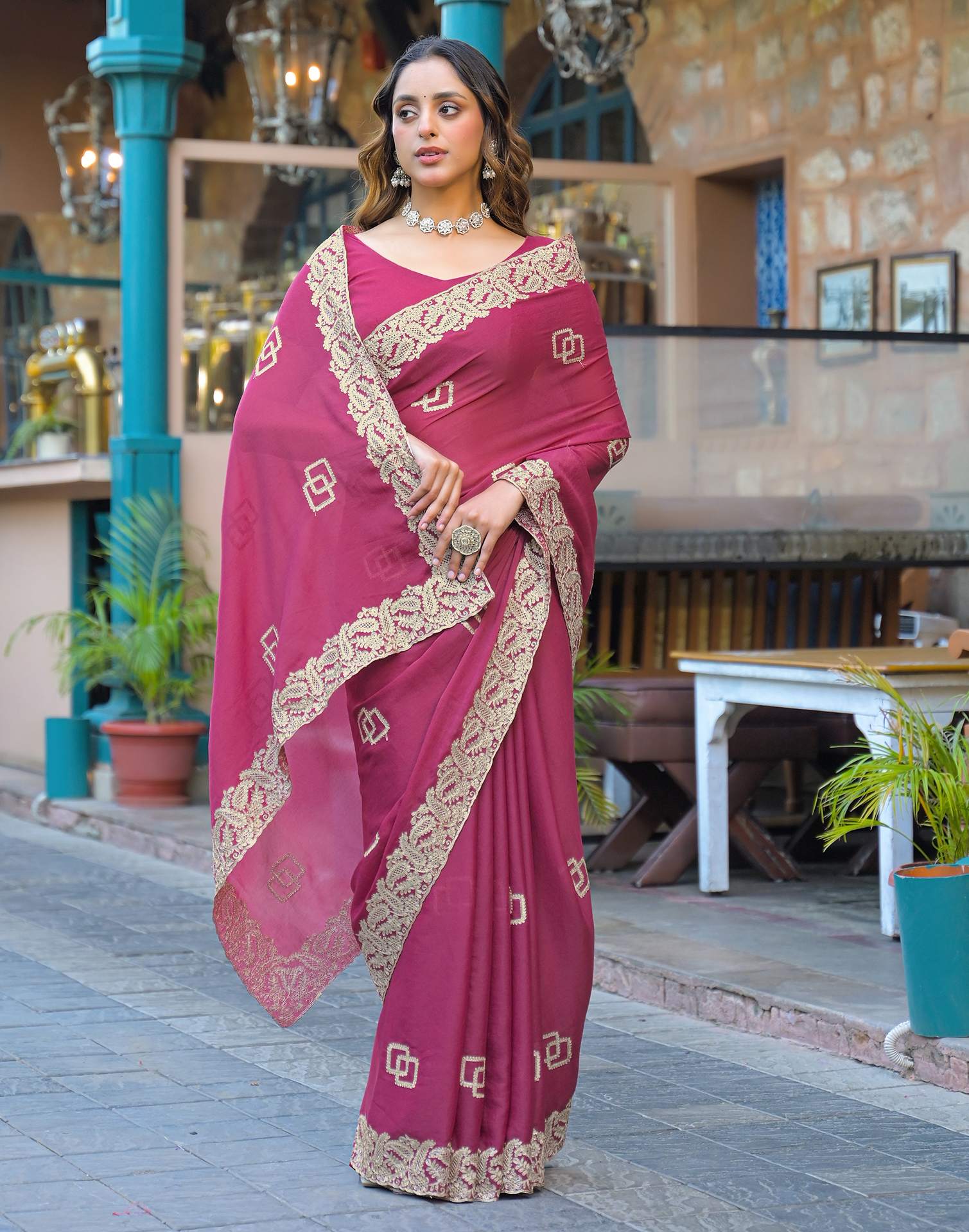 Dark Pink Shimmer Embroidery Saree