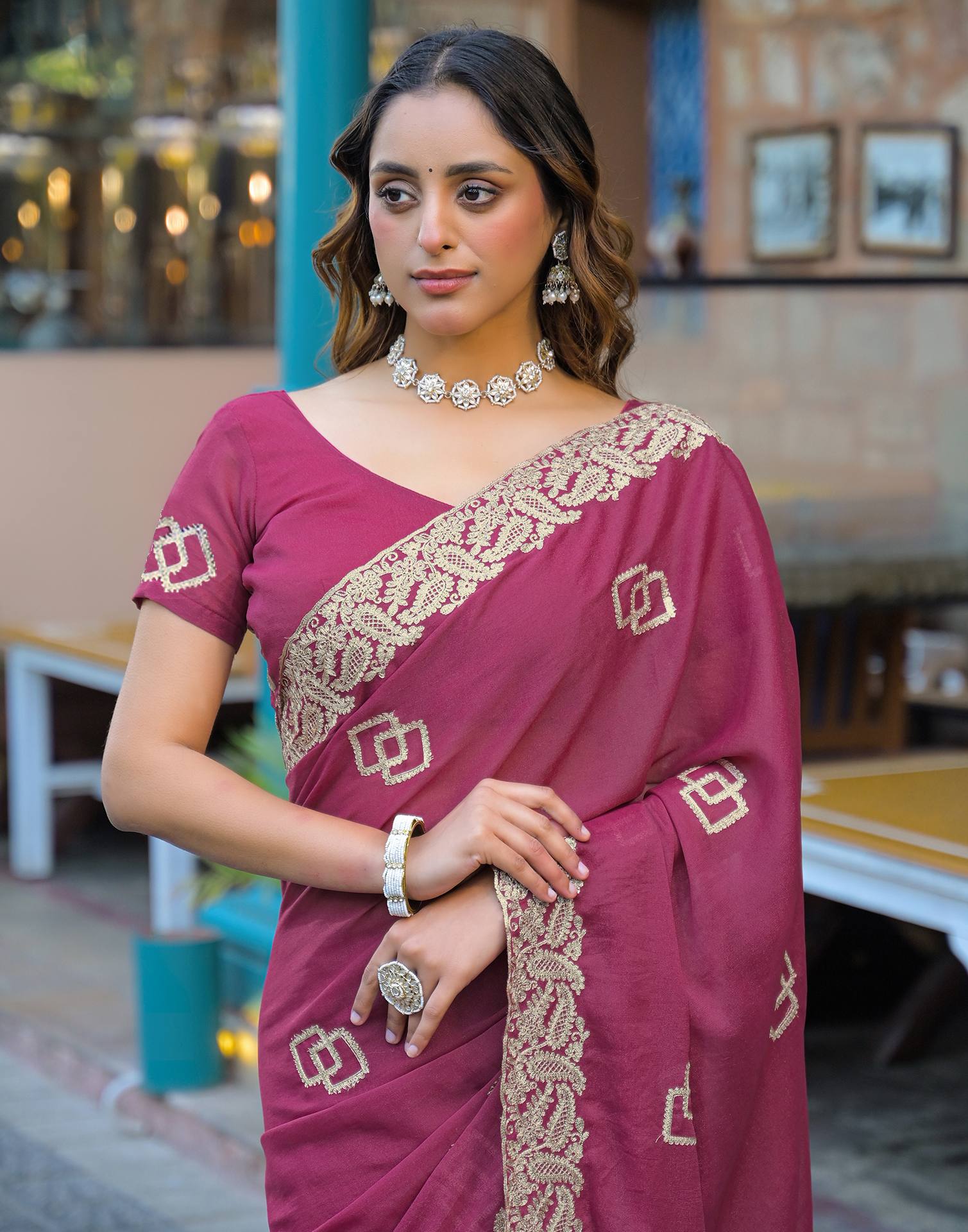 Dark Pink Shimmer Embroidery Saree