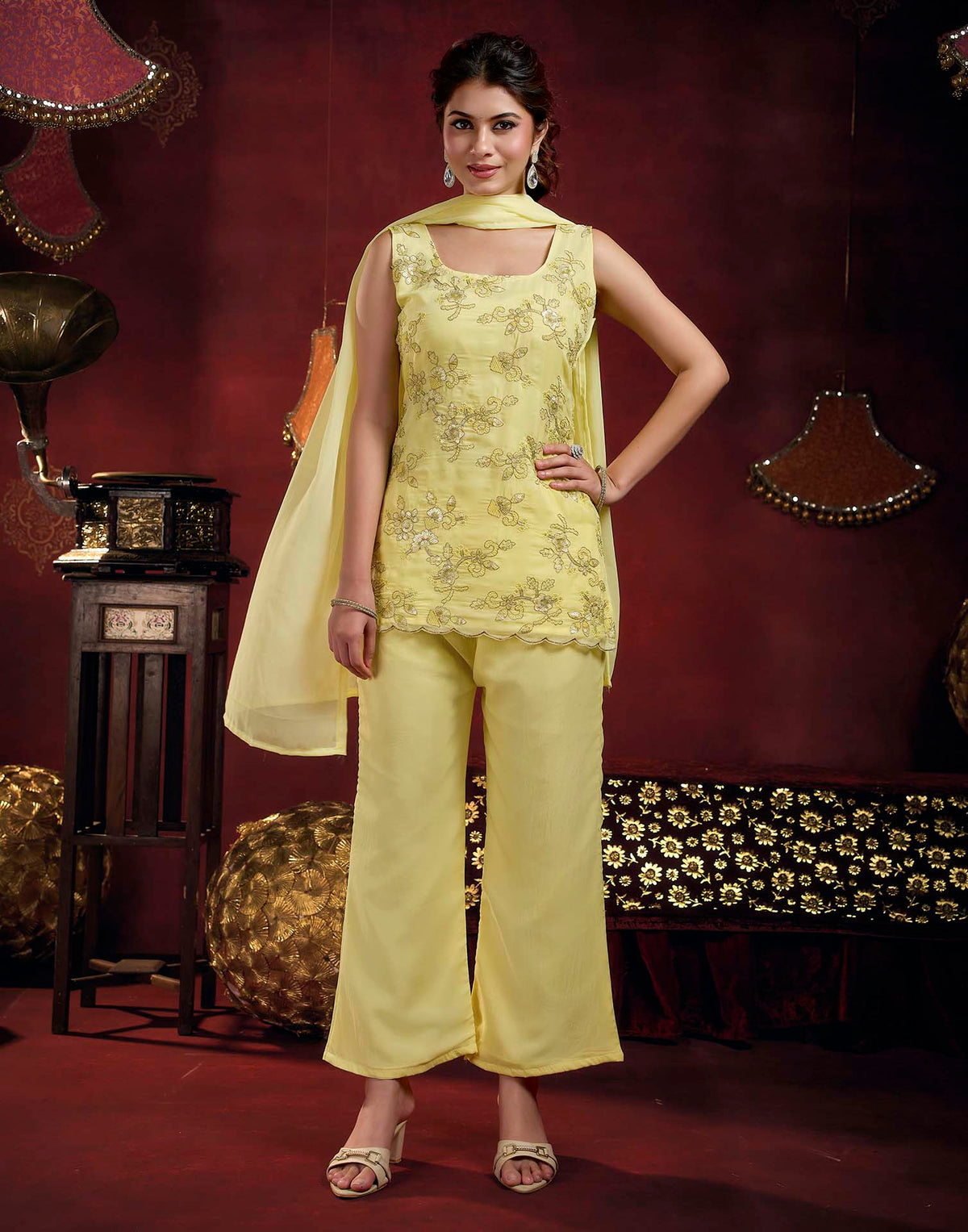 Light Yellow Faux Georgette Floral Embroidery Straight Kurta Set With Dupatta