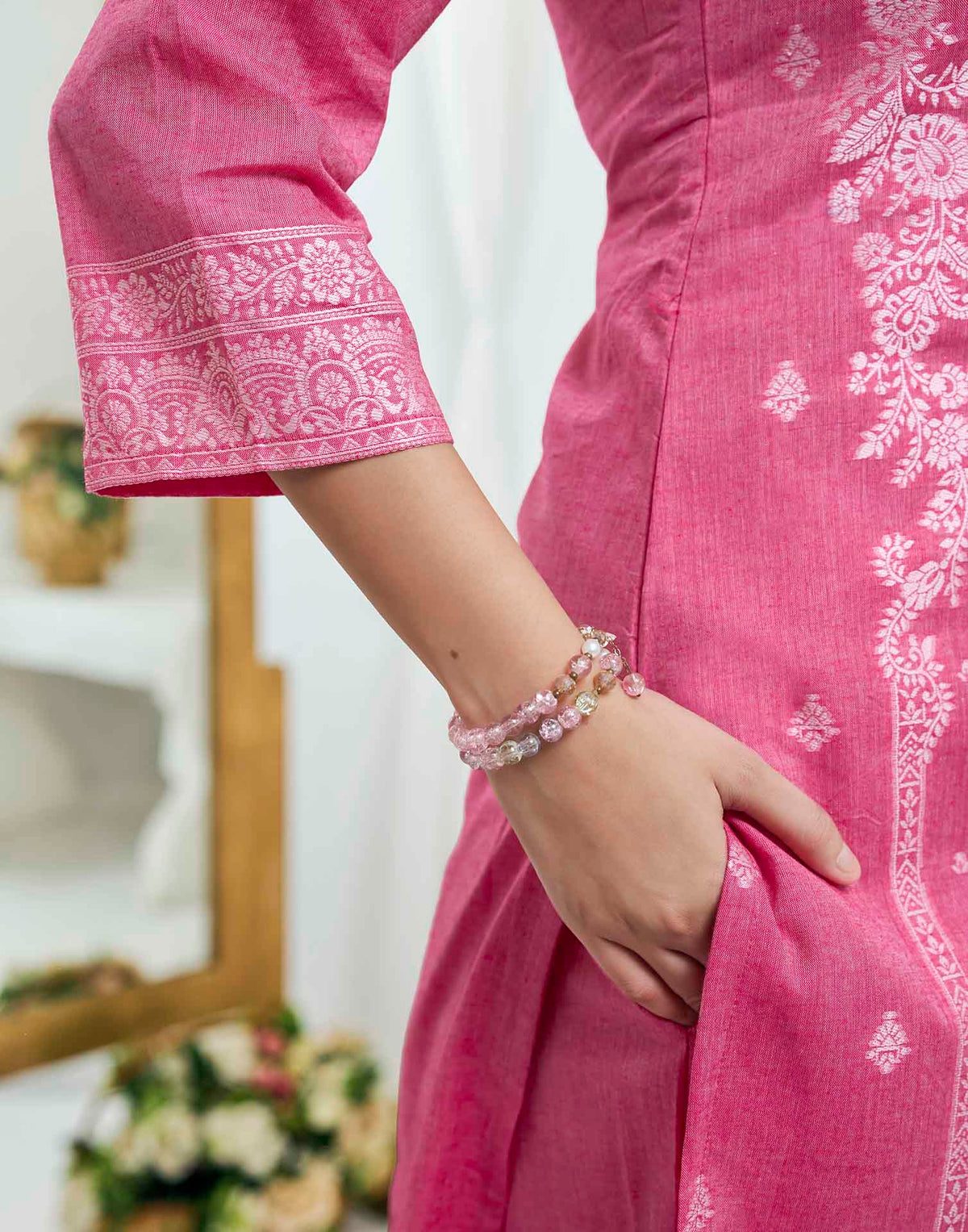 Rose Pink Pure Cotton Woven Straight Kurta Set With Dupatta