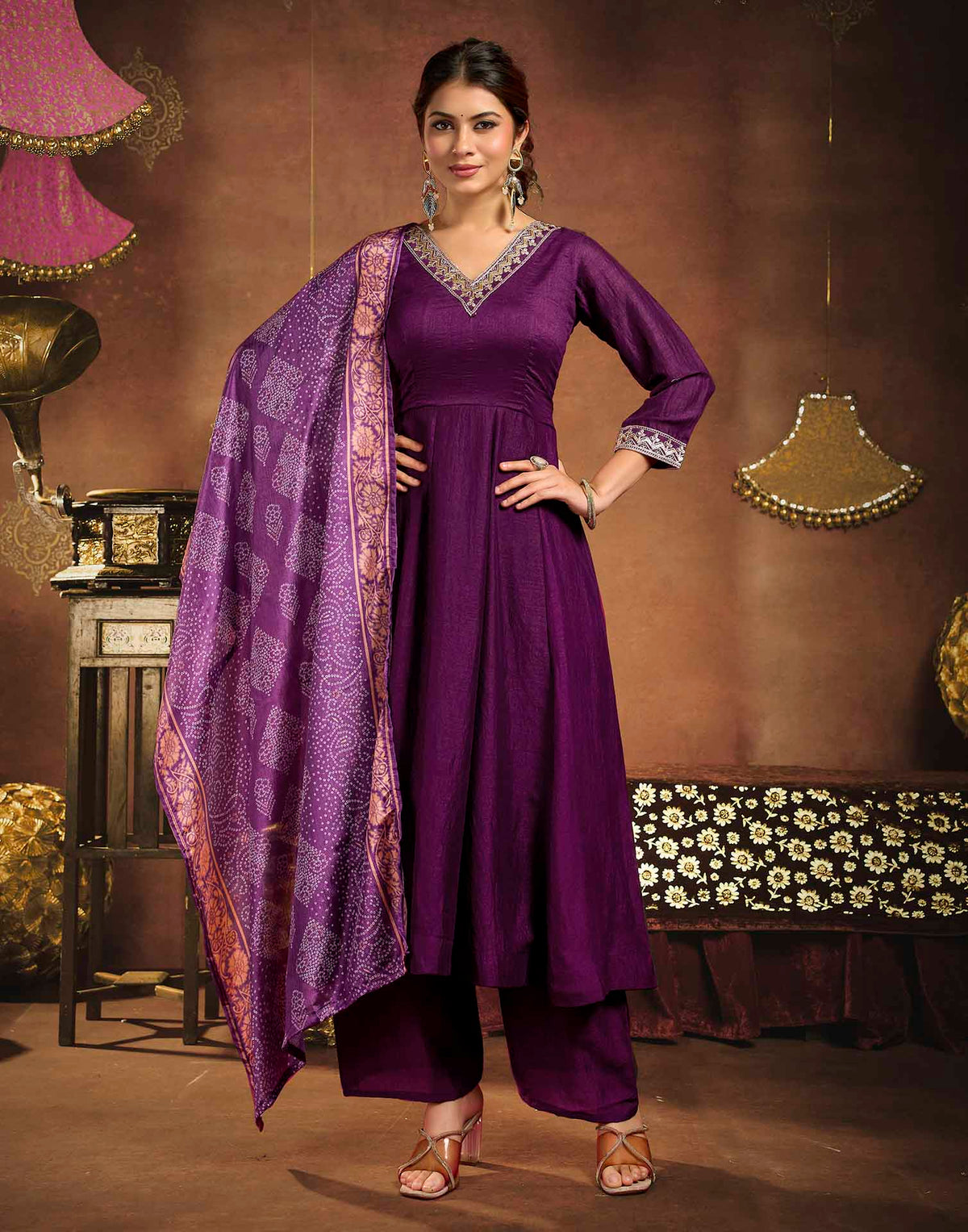 Dark Wine Vichitra Silk Embroidery Anarkali Kurta Set With Dupatta