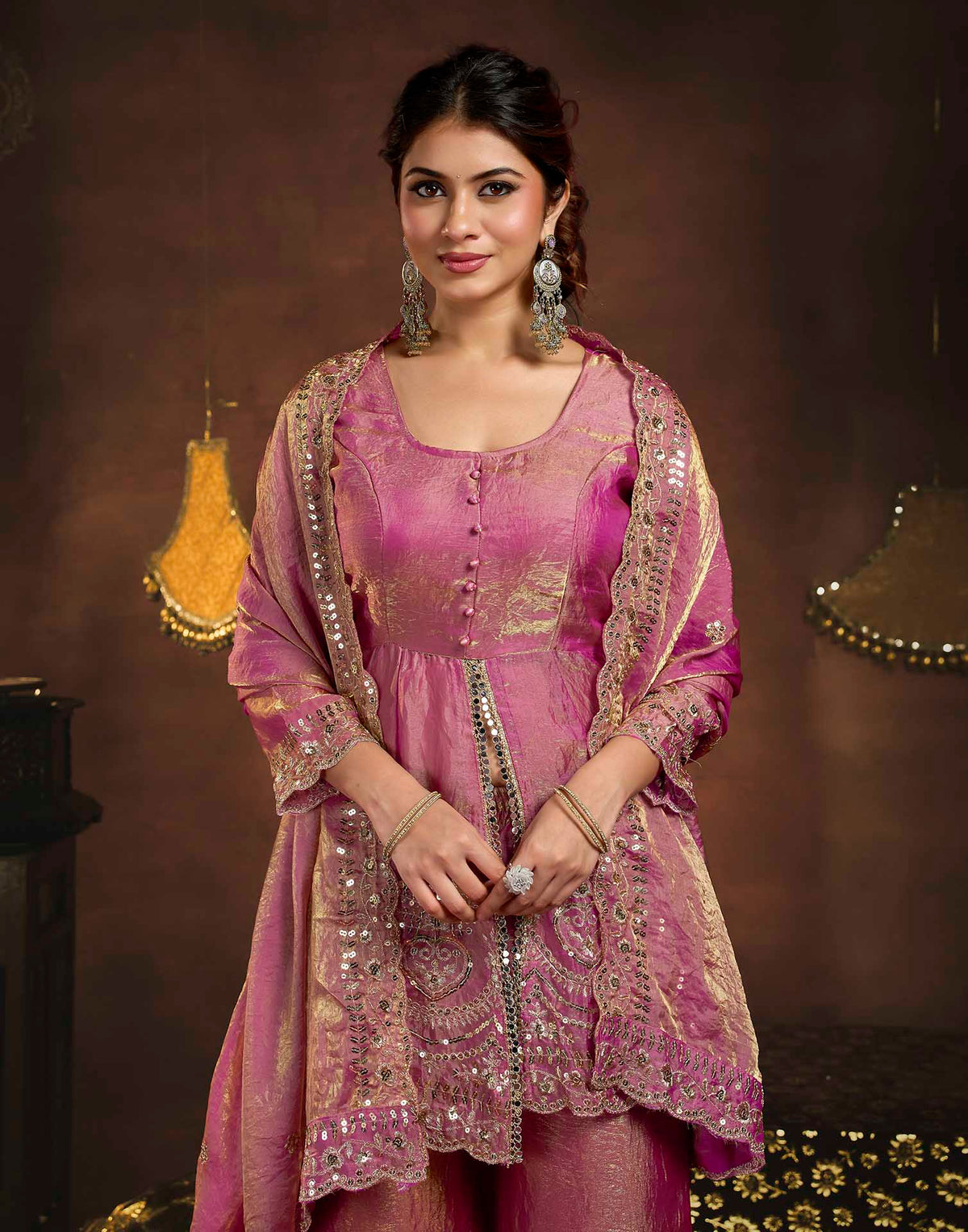 Dusty Rose Organza Embroidery Peplum Kurta Set With Dupatta