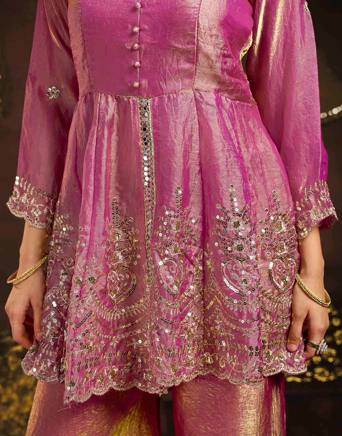 Dusty Rose Organza Embroidery Peplum Kurta Set With Dupatta