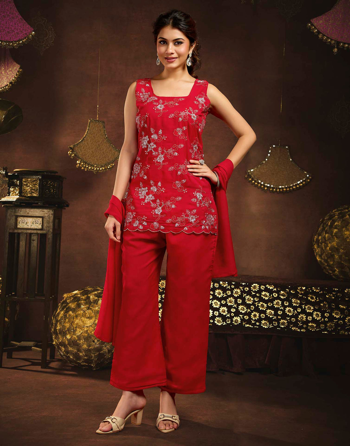 Deep Red Faux Georgette Embroidery Straight Kurta Set With Dupatta
