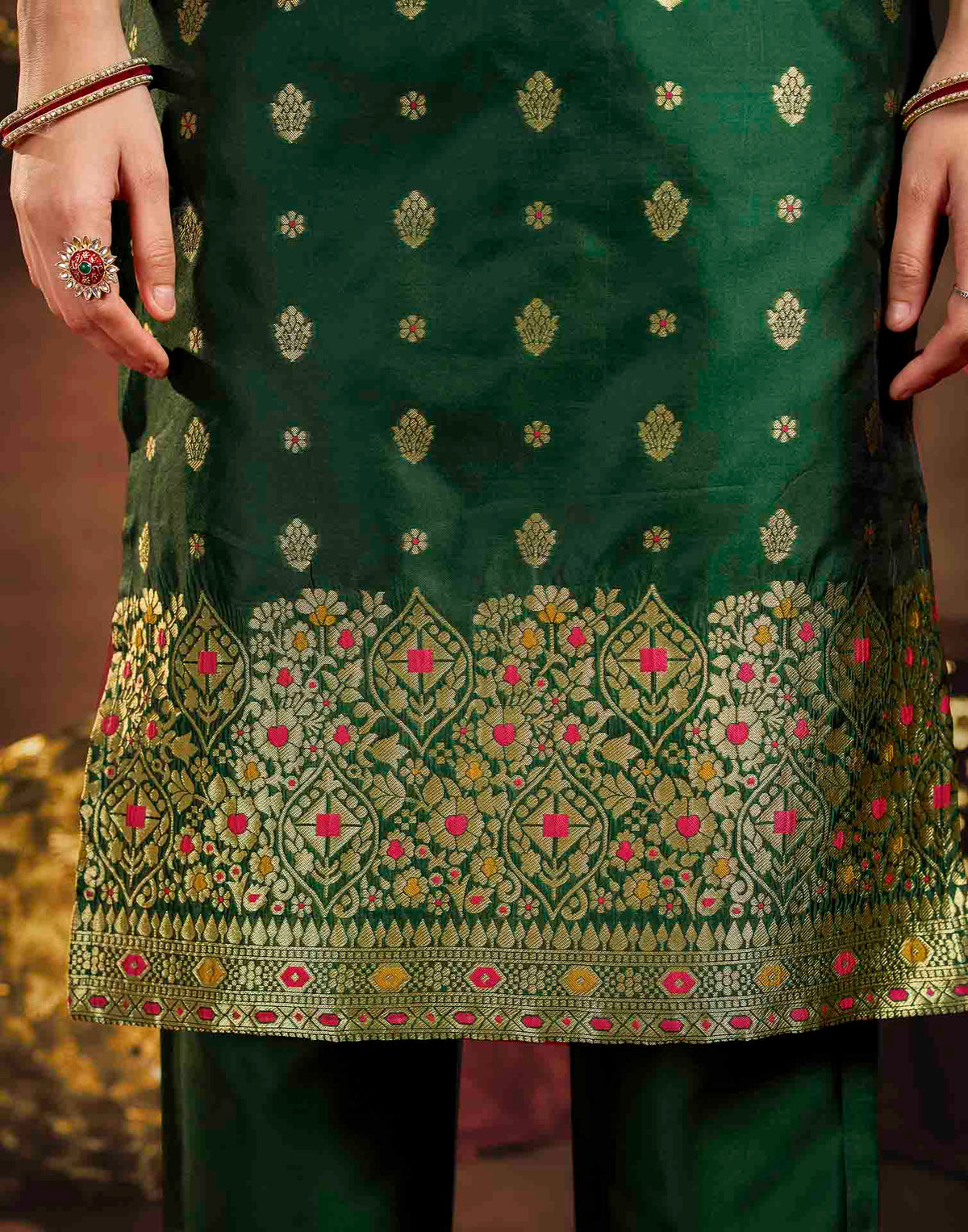 Dark Green Art Silk Woven Straight Kurta Set With Dupatta